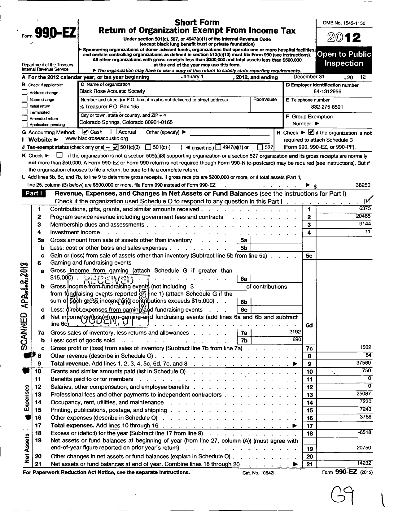 Image of first page of 2012 Form 990EZ for The Black Rose Acoustic Society