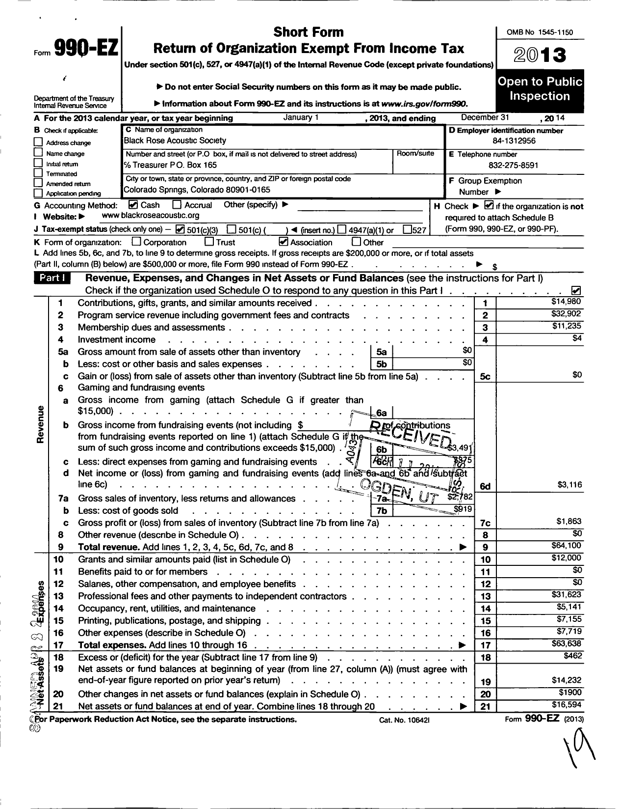 Image of first page of 2013 Form 990EZ for The Black Rose Acoustic Society