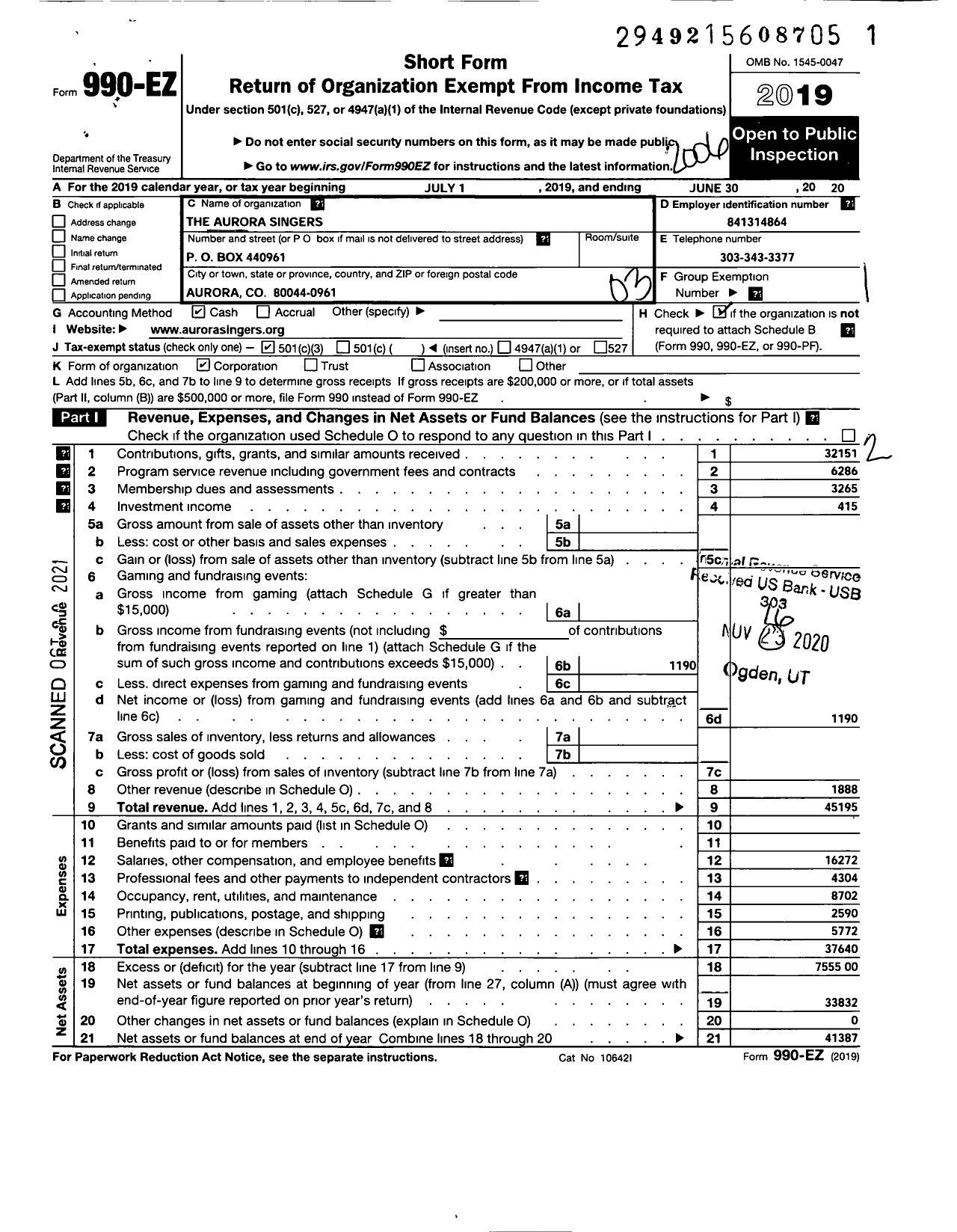 Image of first page of 2019 Form 990EZ for The Aurora Singers