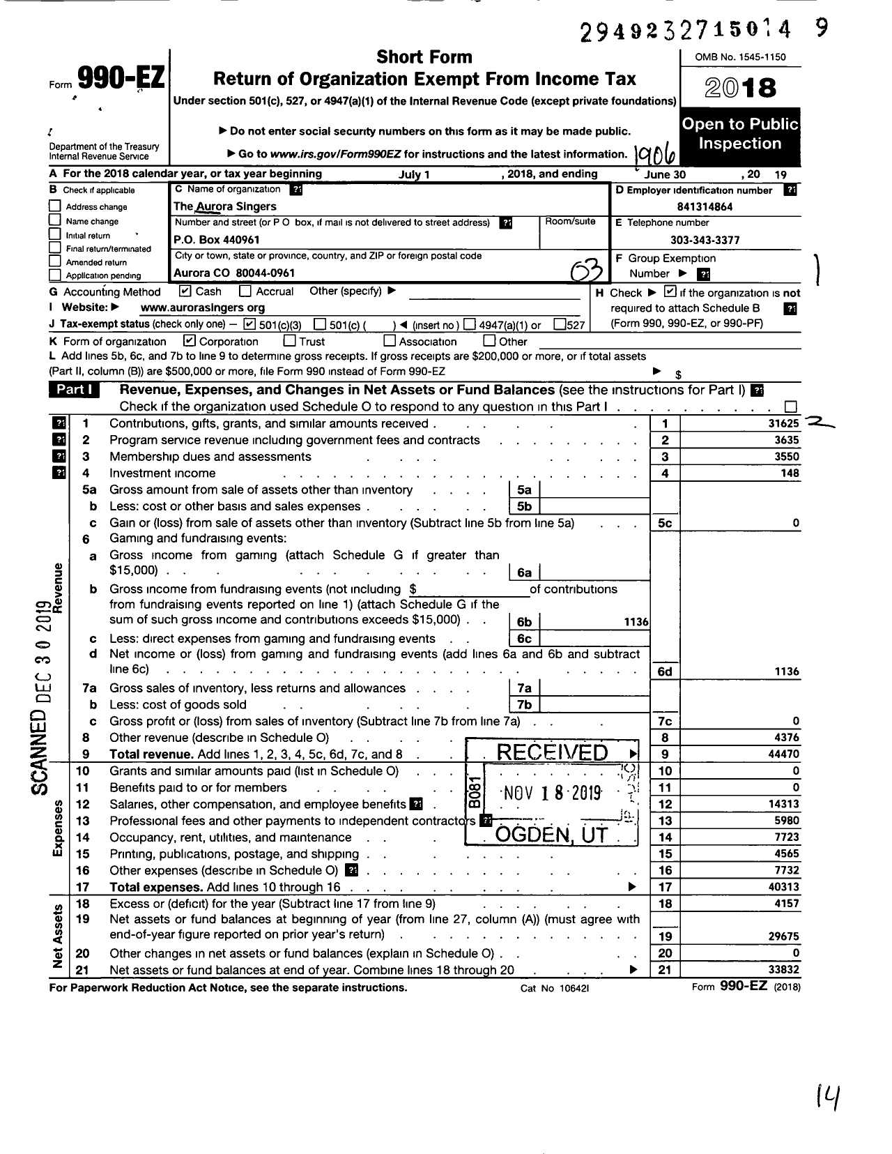 Image of first page of 2018 Form 990EZ for The Aurora Singers