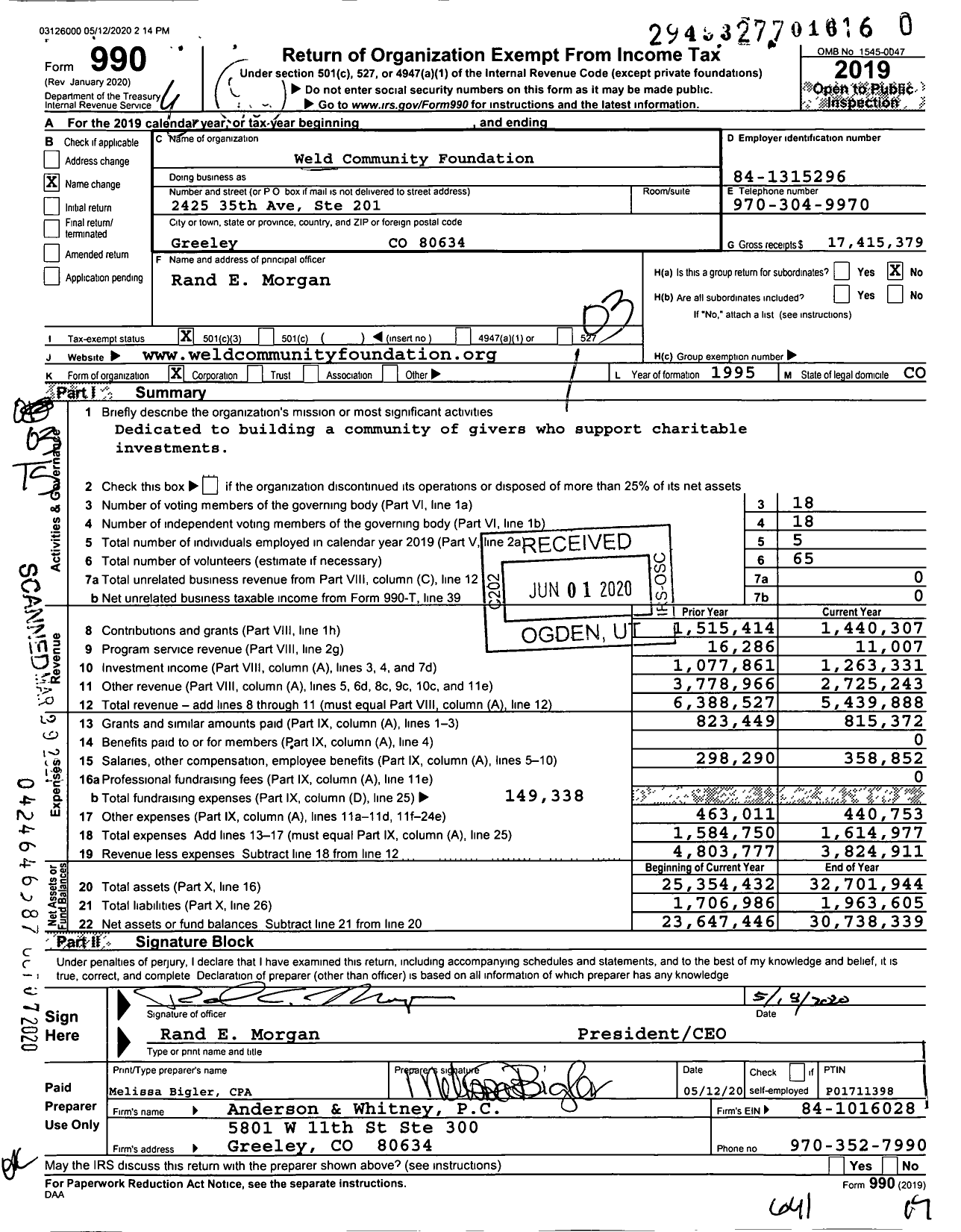 Image of first page of 2019 Form 990 for Weld Community Foundation