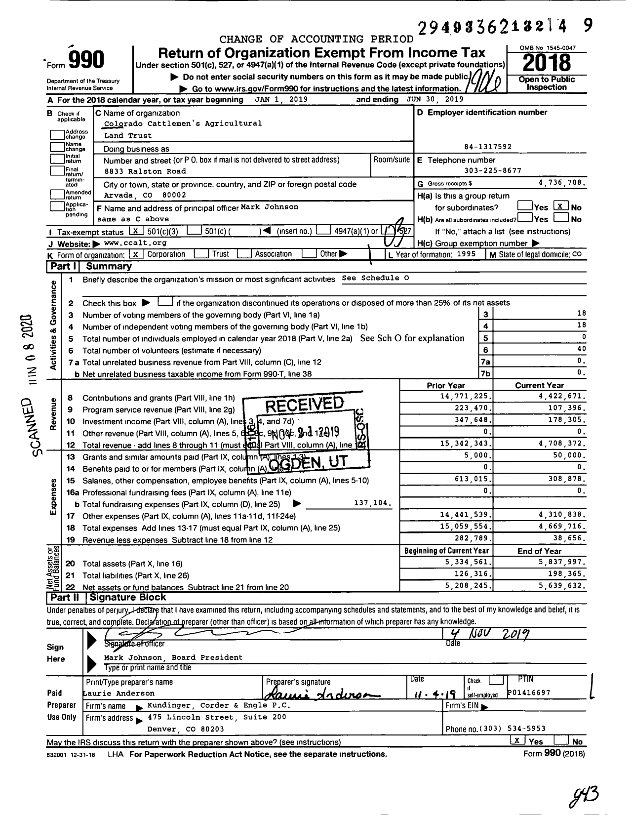 Image of first page of 2018 Form 990 for Colorado Cattlemens Agricultural Land Trust (CCALT)