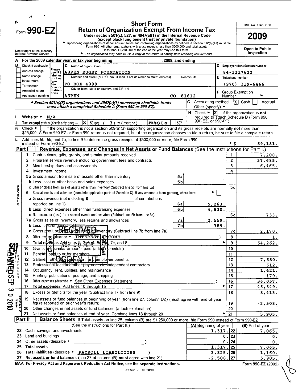 Image of first page of 2009 Form 990EZ for Aspen Rugby Foundation