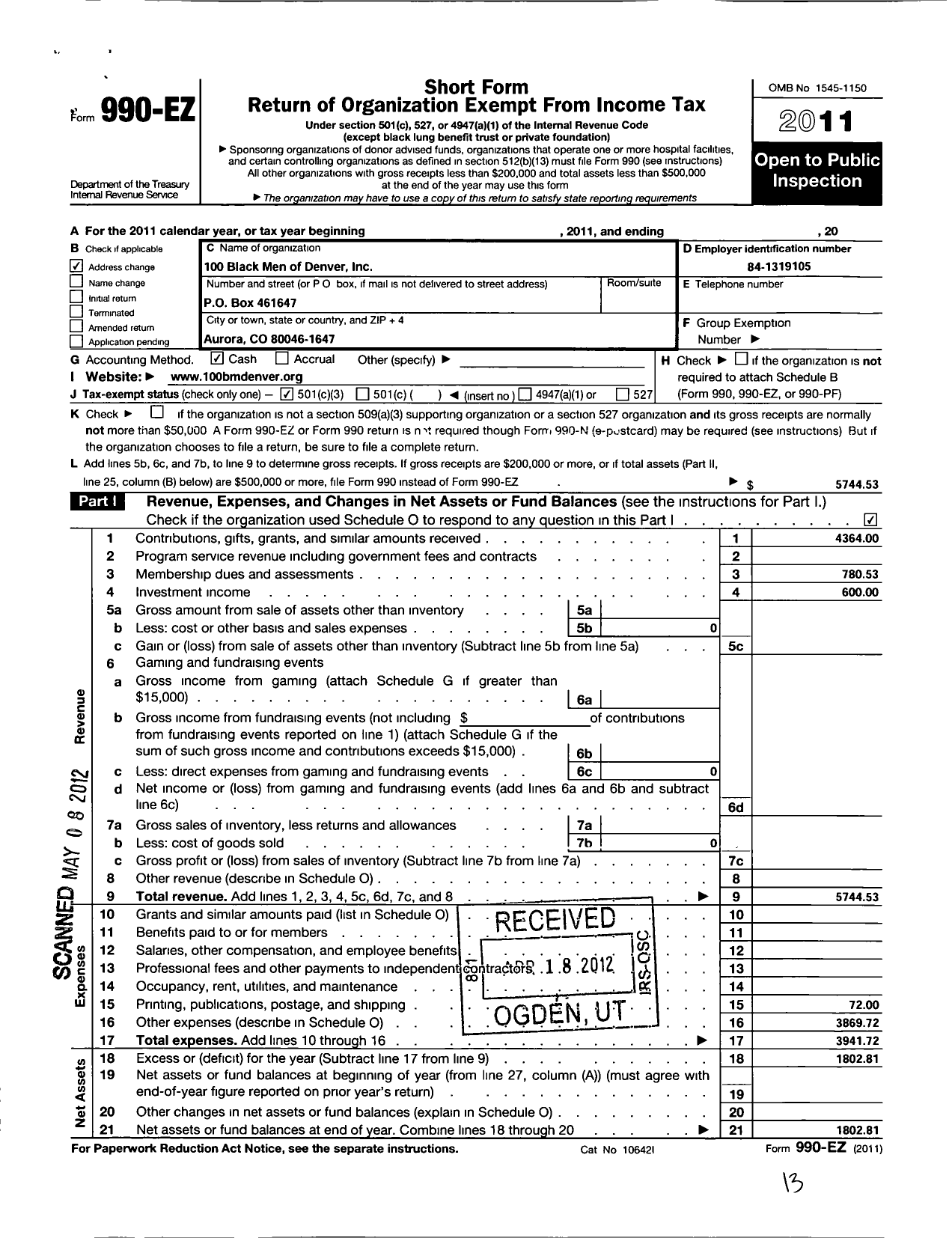 Image of first page of 2011 Form 990EZ for 100 Black Men of Denver