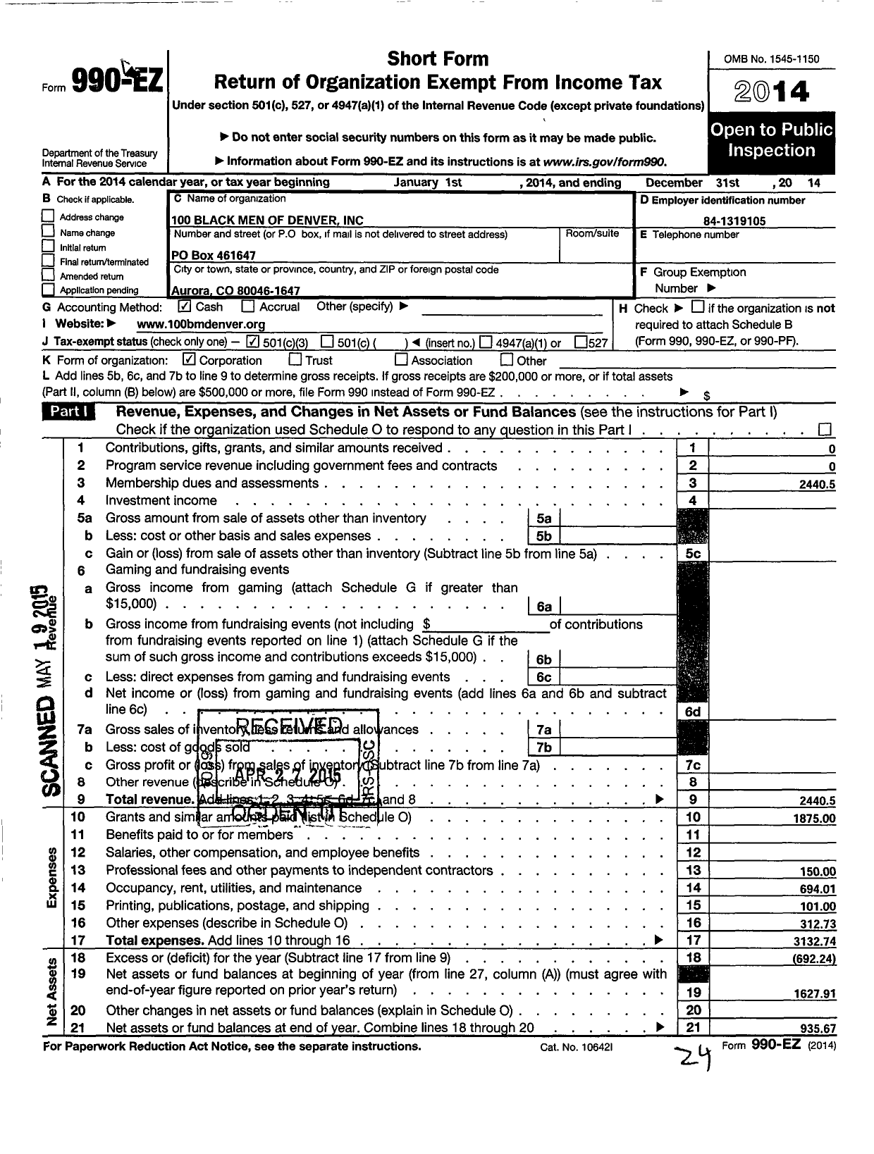 Image of first page of 2014 Form 990EZ for 100 Black Men of Denver