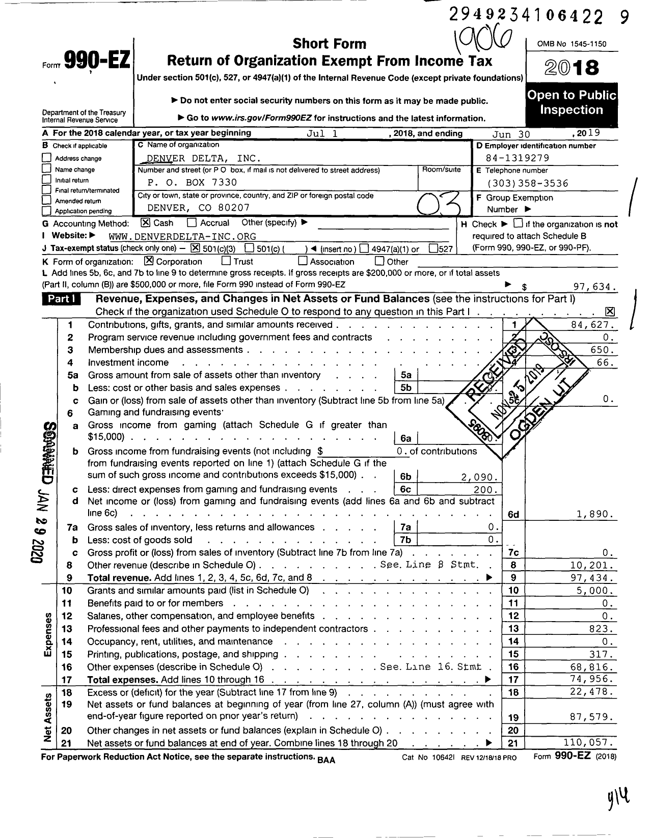 Image of first page of 2018 Form 990EZ for Denver Delta