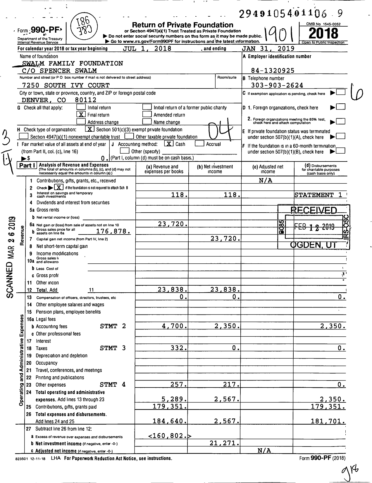 Image of first page of 2018 Form 990PF for Swalm Family Foundation