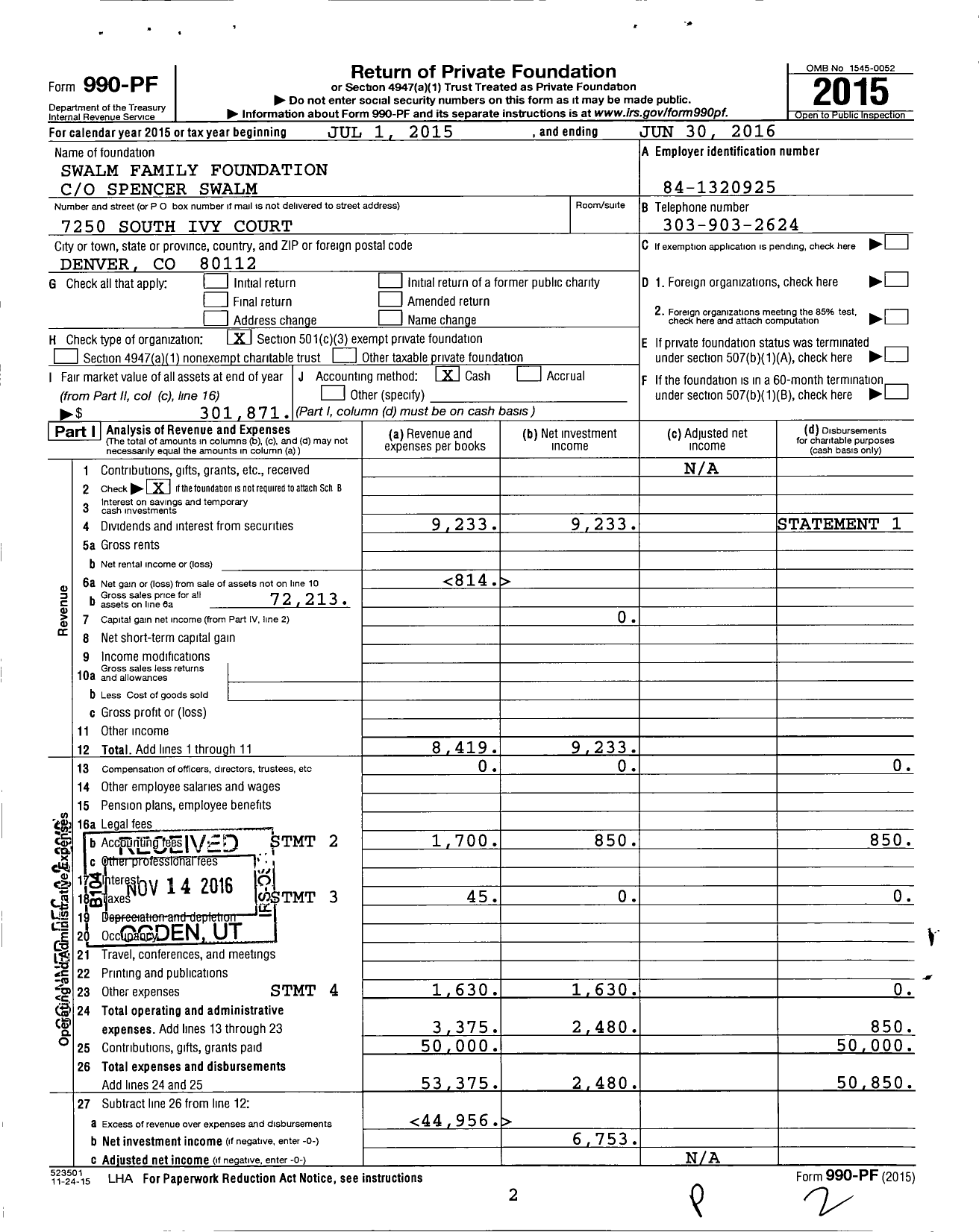 Image of first page of 2015 Form 990PF for Swalm Family Foundation