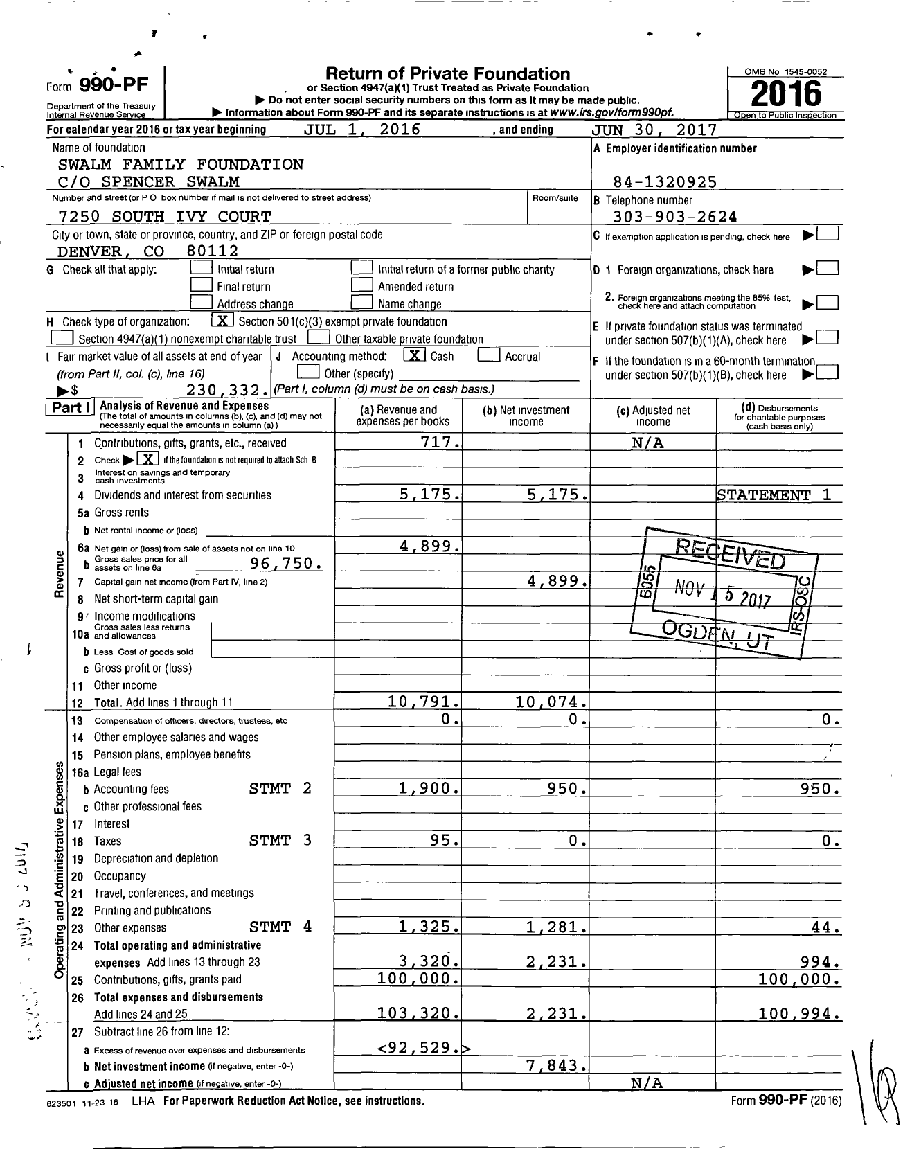 Image of first page of 2016 Form 990PF for Swalm Family Foundation