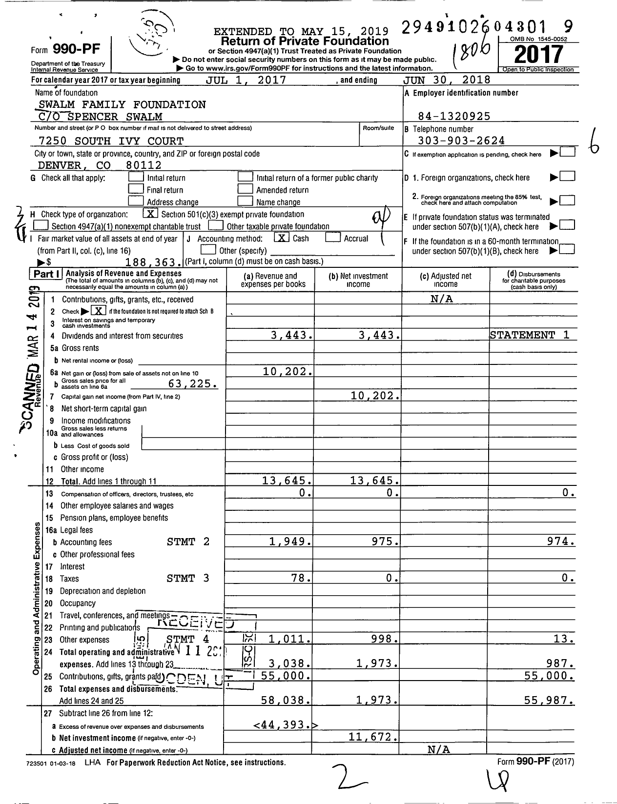 Image of first page of 2017 Form 990PF for Swalm Family Foundation