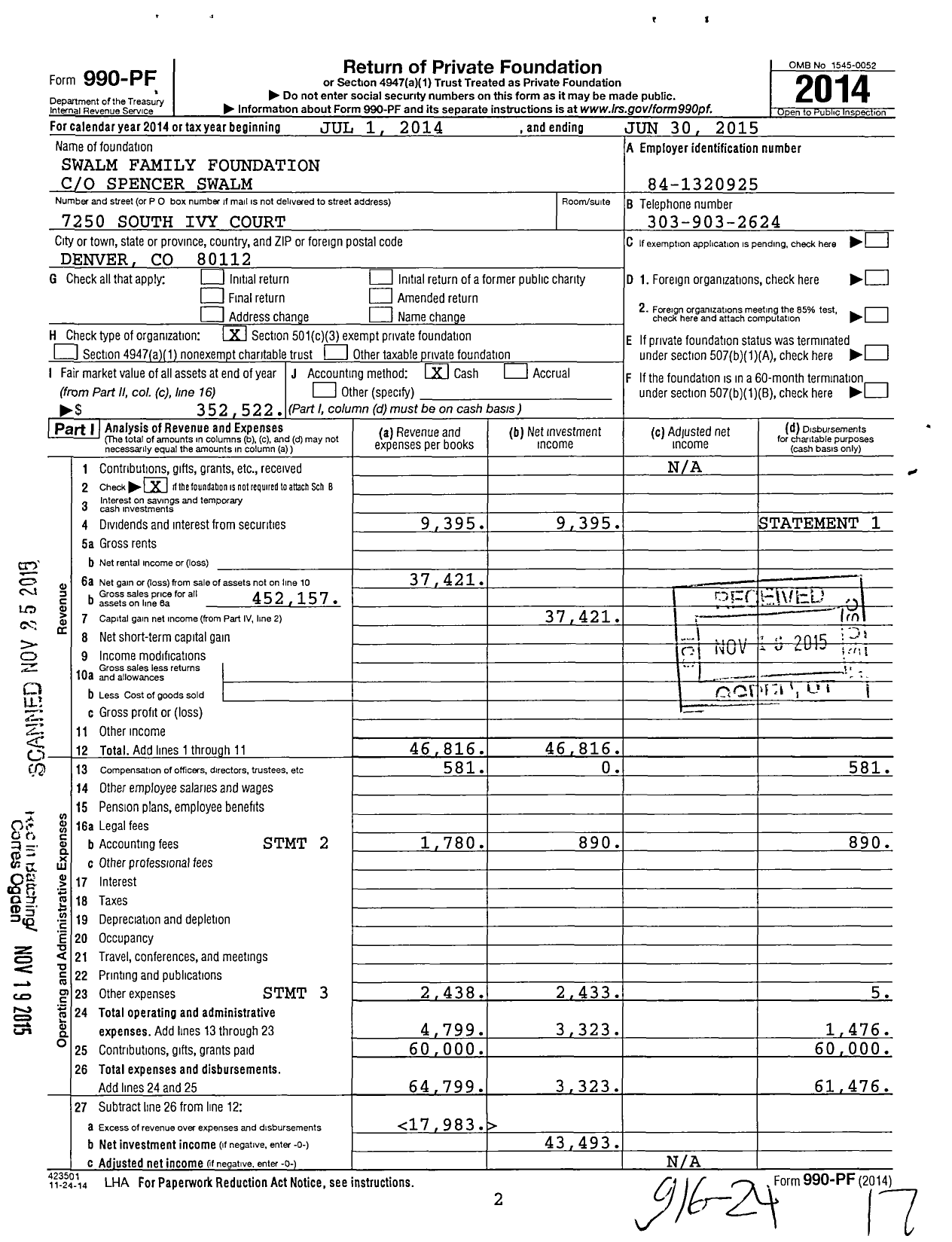 Image of first page of 2014 Form 990PF for Swalm Family Foundation