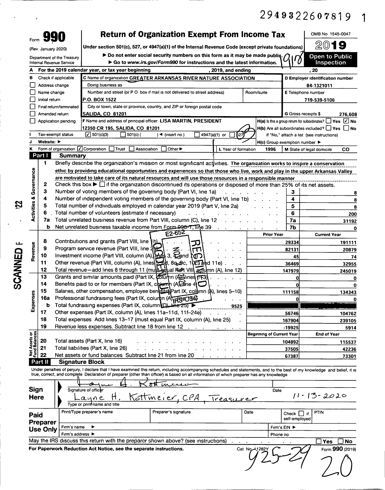 Image of first page of 2019 Form 990 for Greater Arkansas River Nature Association