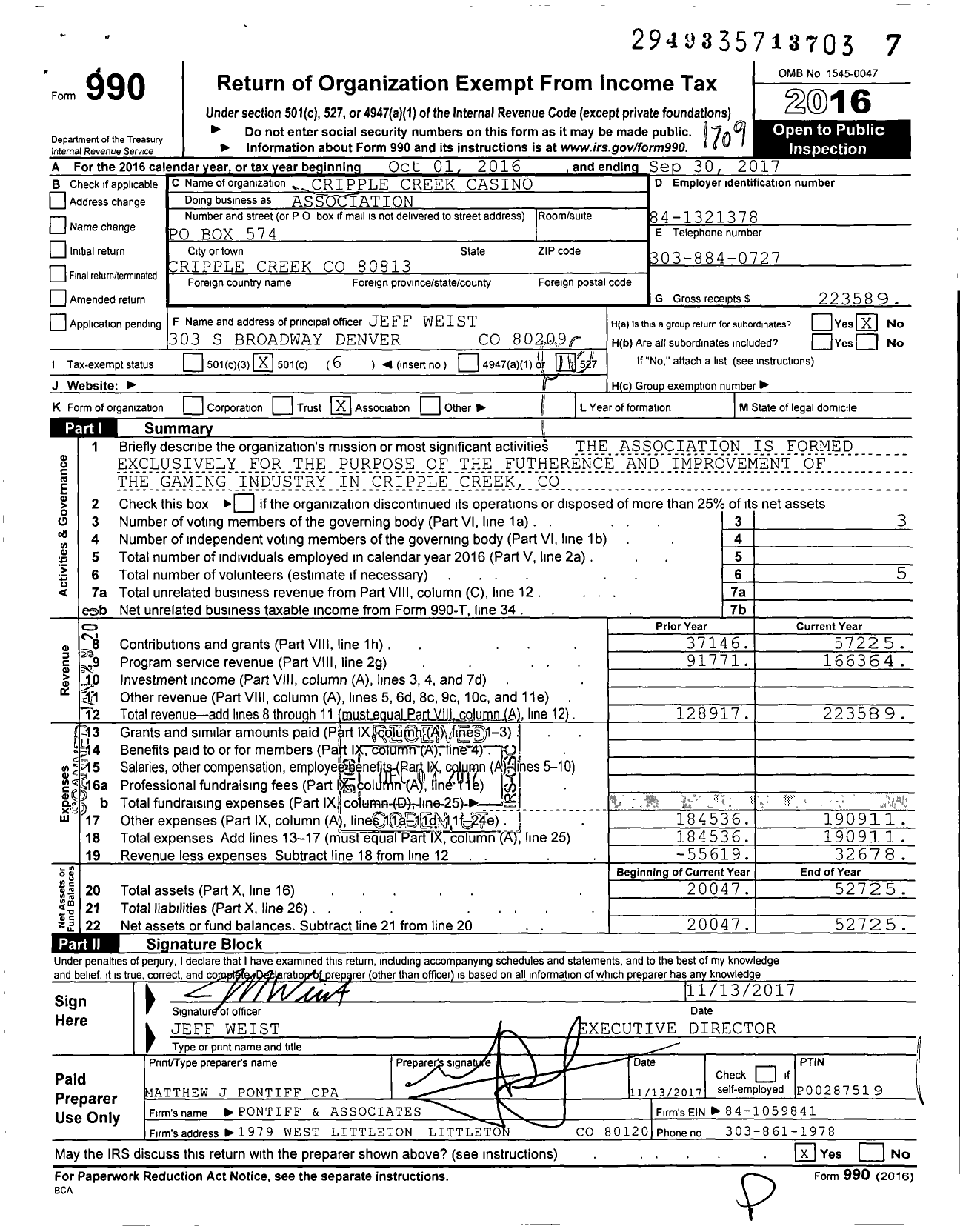 Image of first page of 2016 Form 990O for Cripple Creek Casino Association