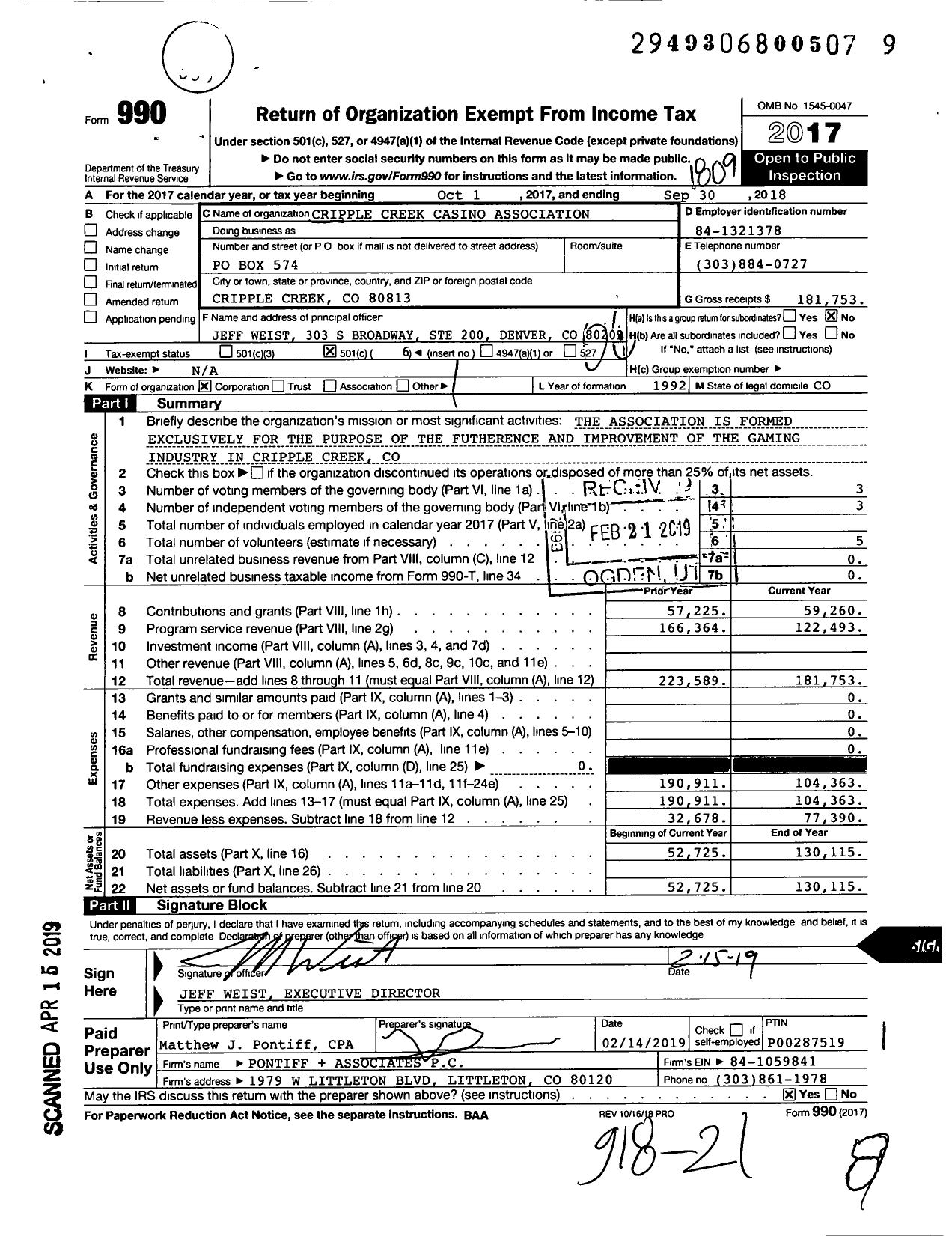 Image of first page of 2017 Form 990O for Cripple Creek Casino Association