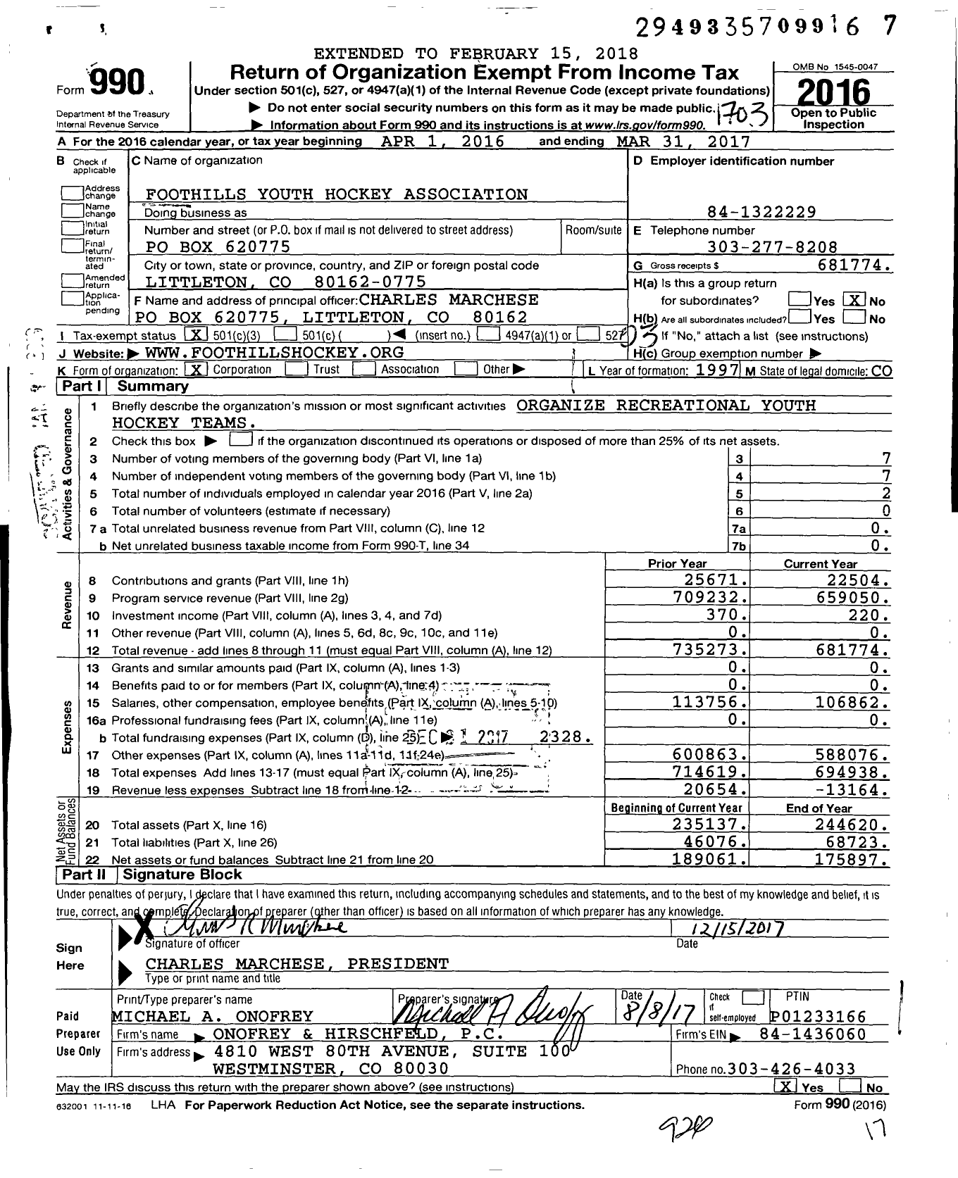 Image of first page of 2016 Form 990 for Foothills Youth Hockey Association