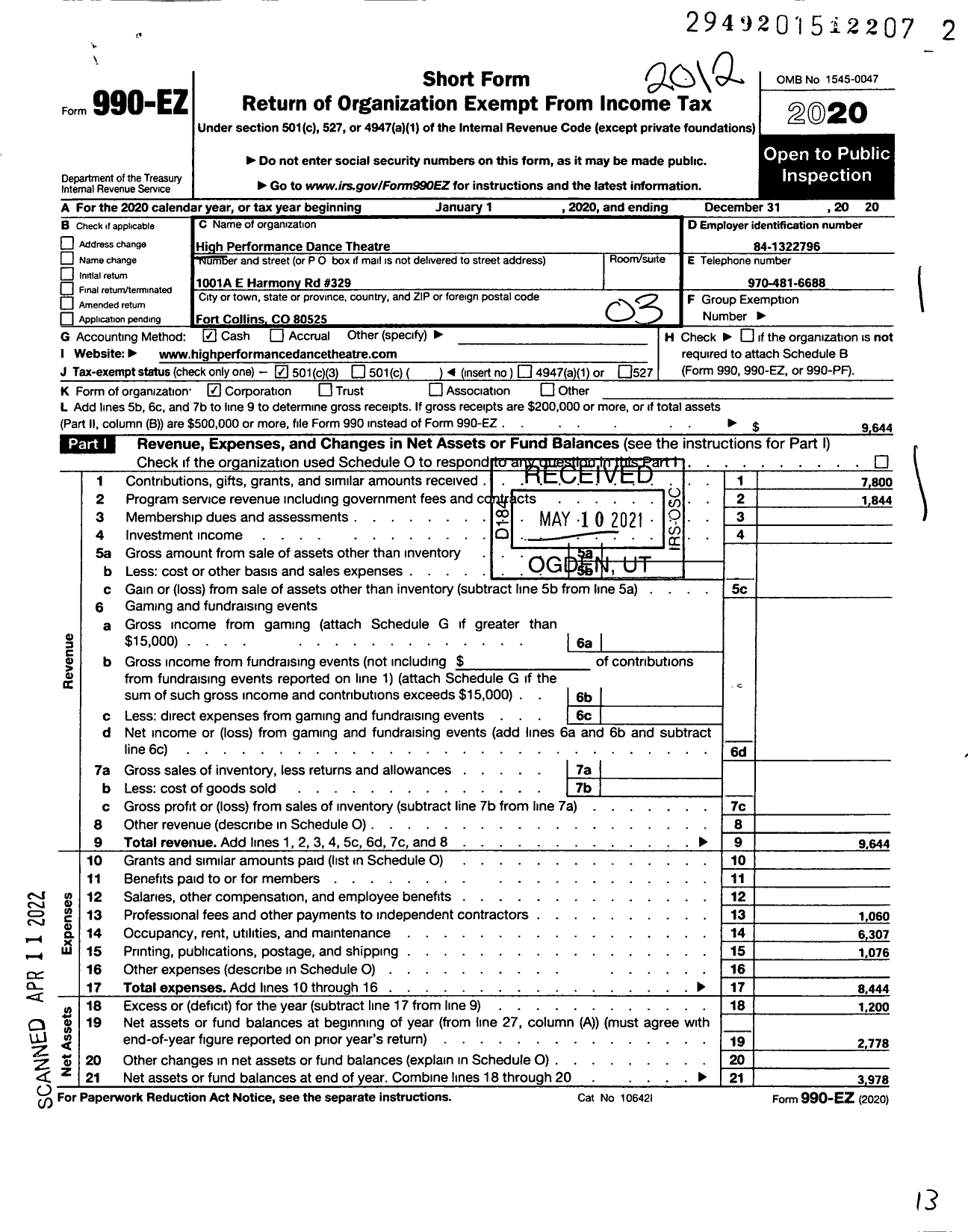 Image of first page of 2020 Form 990EZ for High Performance Dance Theatre