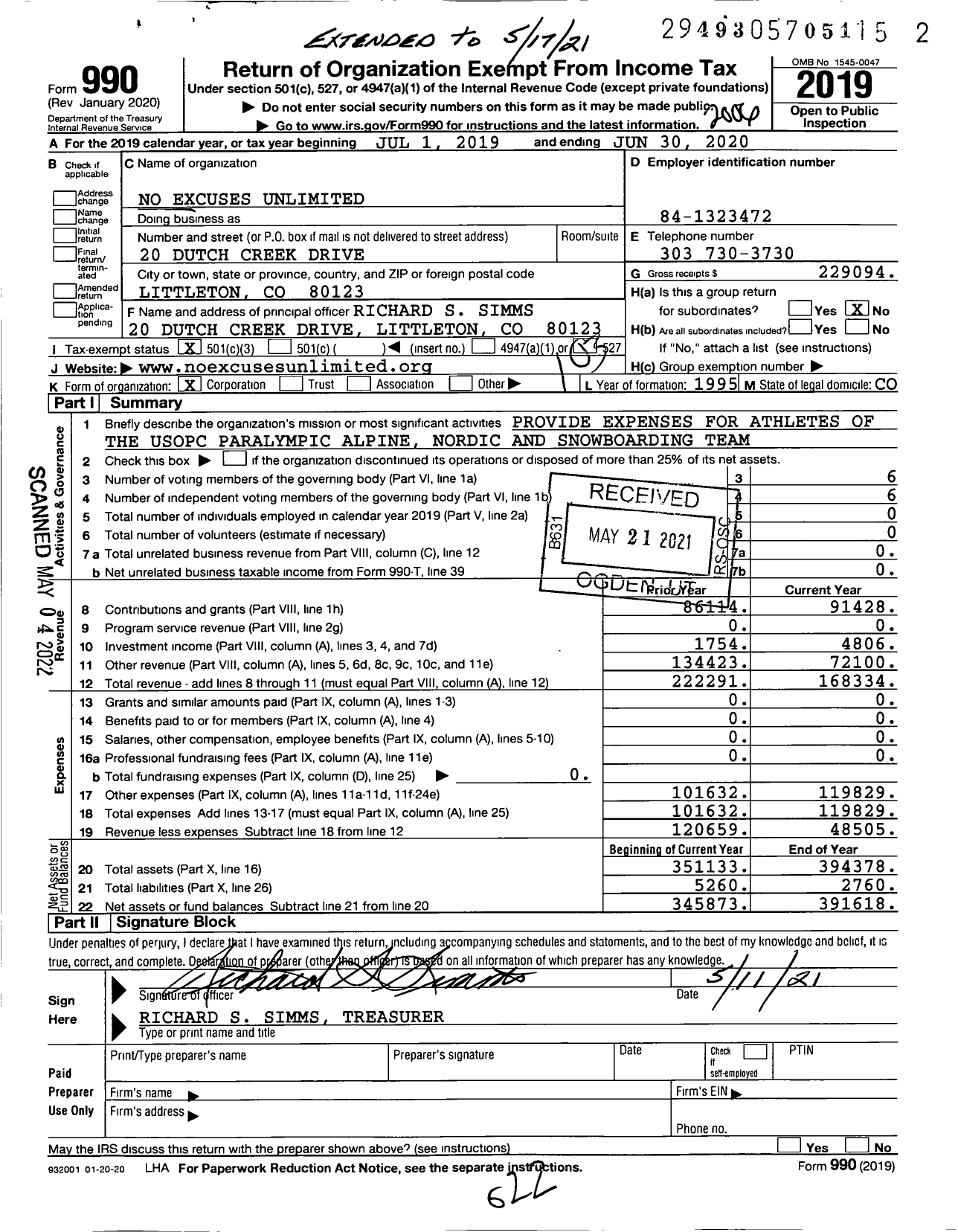 Image of first page of 2019 Form 990 for No Excuses Unlimited