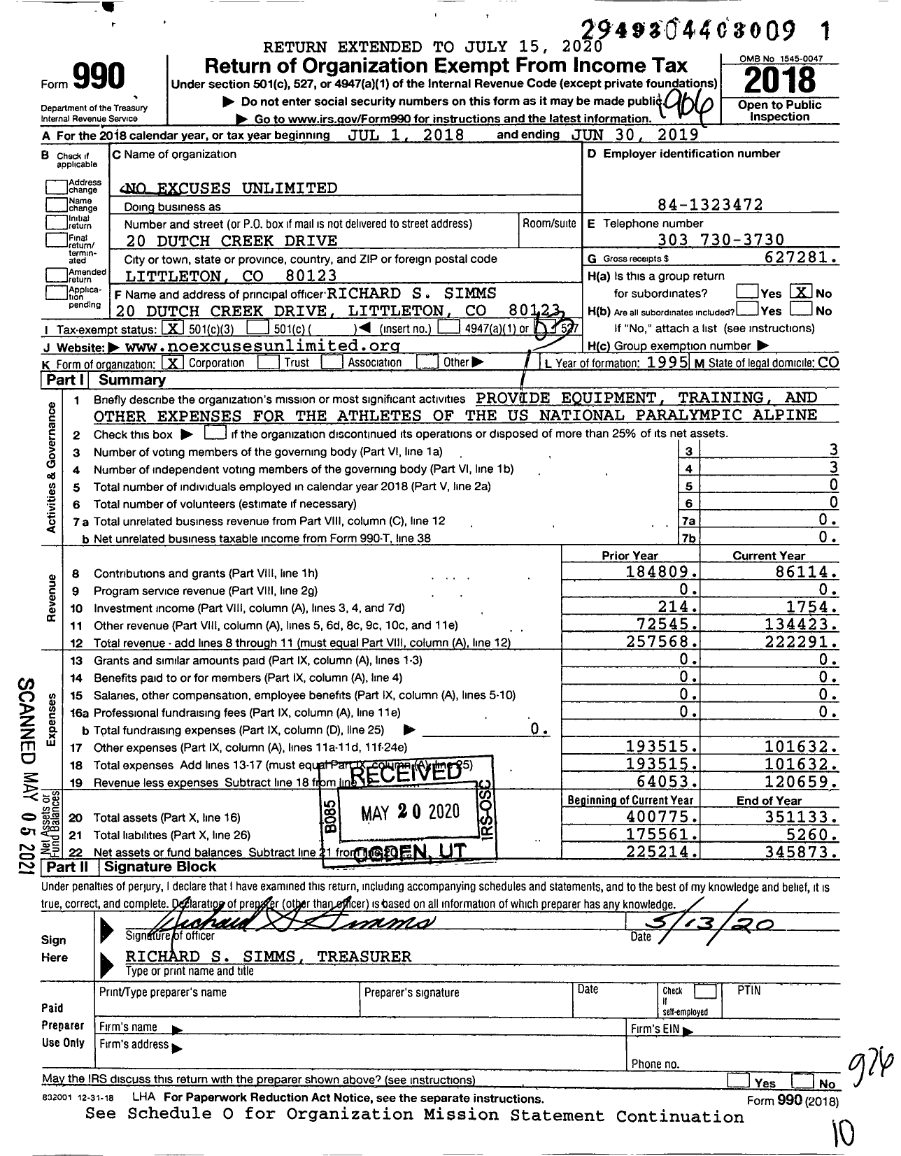 Image of first page of 2018 Form 990 for No Excuses Unlimited