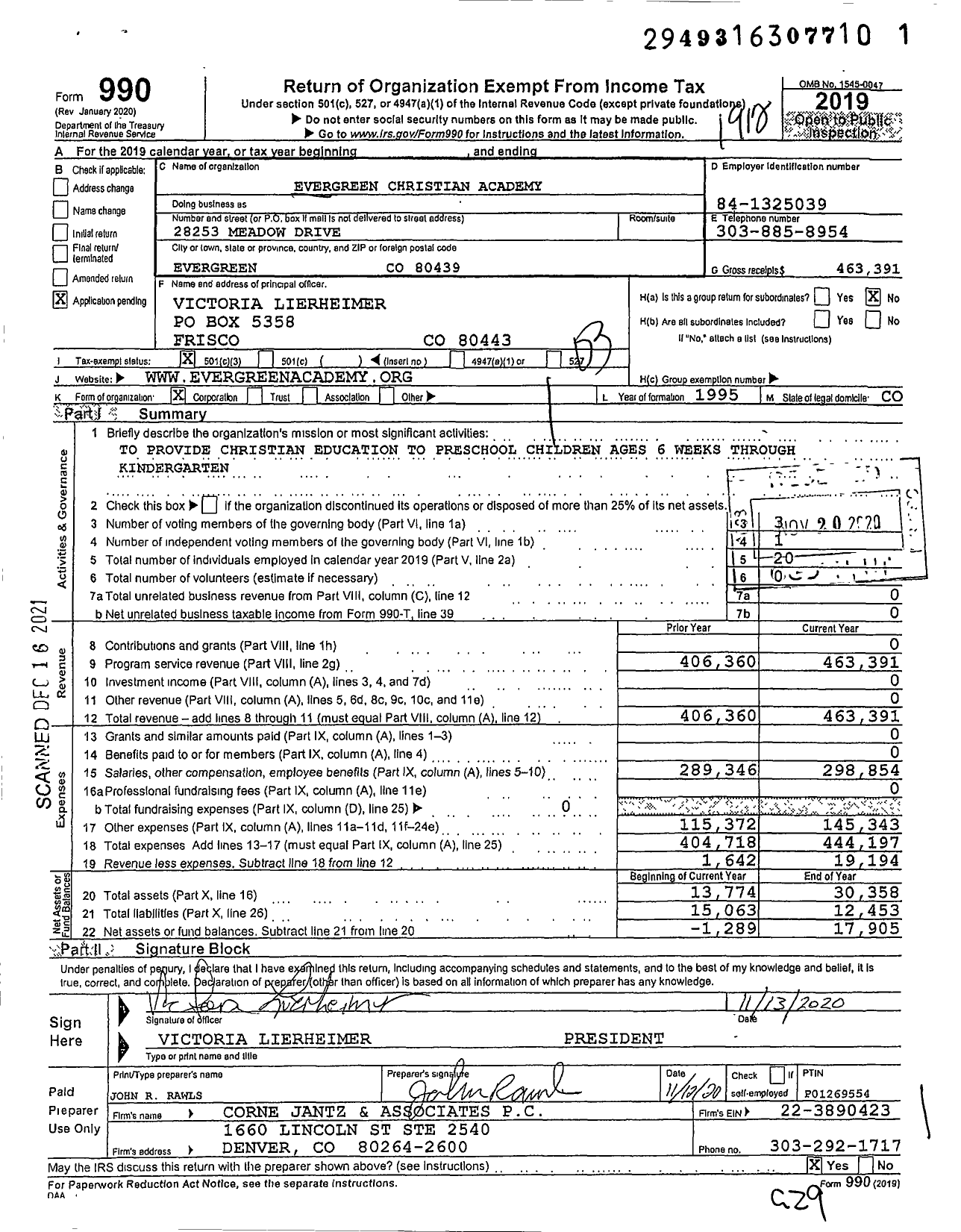 Image of first page of 2019 Form 990 for Evergreen Christian Academy