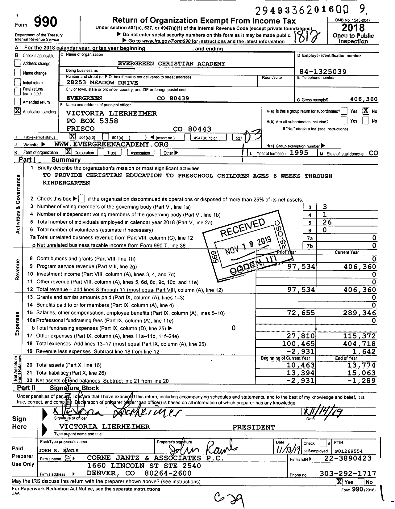 Image of first page of 2018 Form 990 for Evergreen Christian Academy