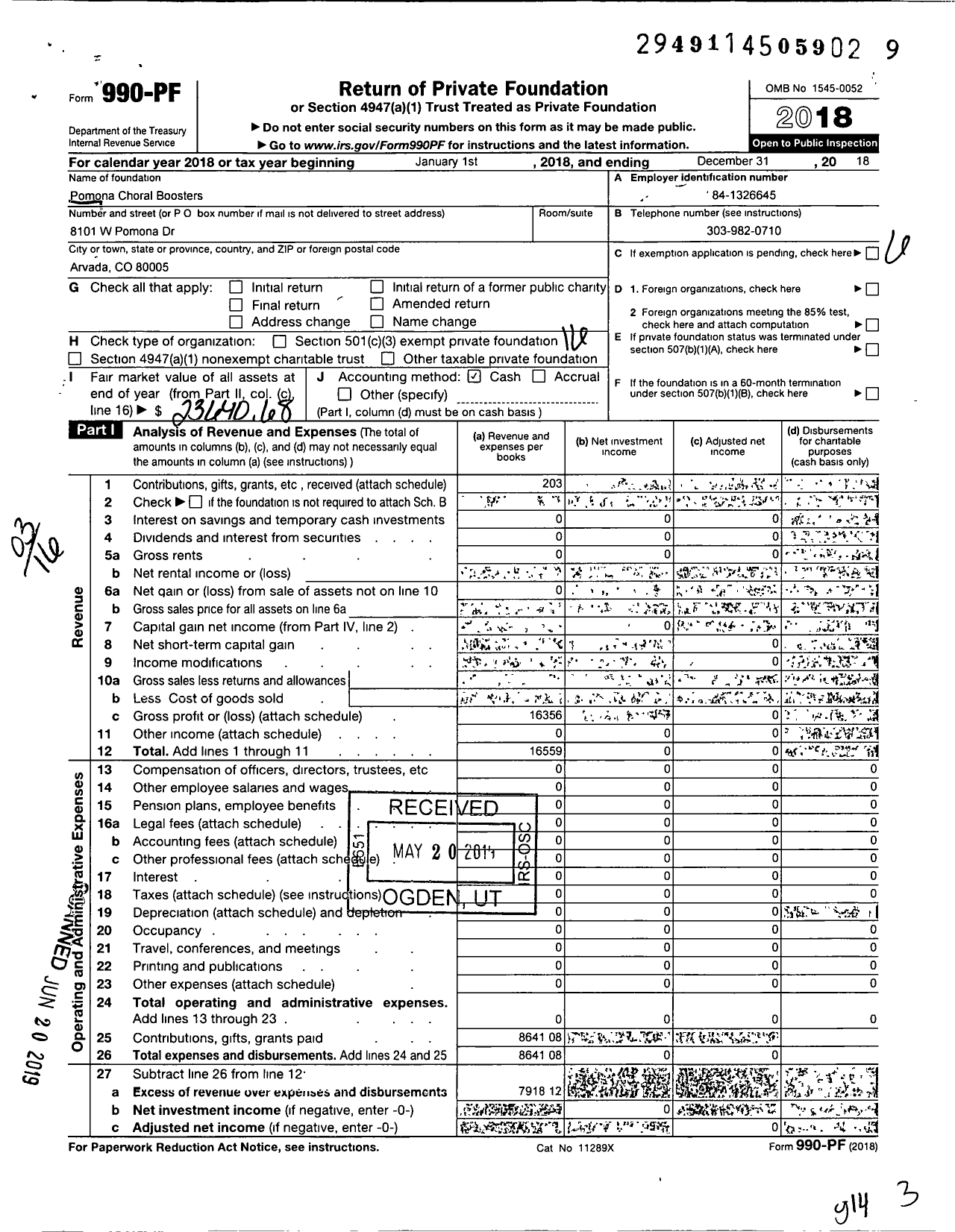 Image of first page of 2018 Form 990PF for Pomona Choral Boosters