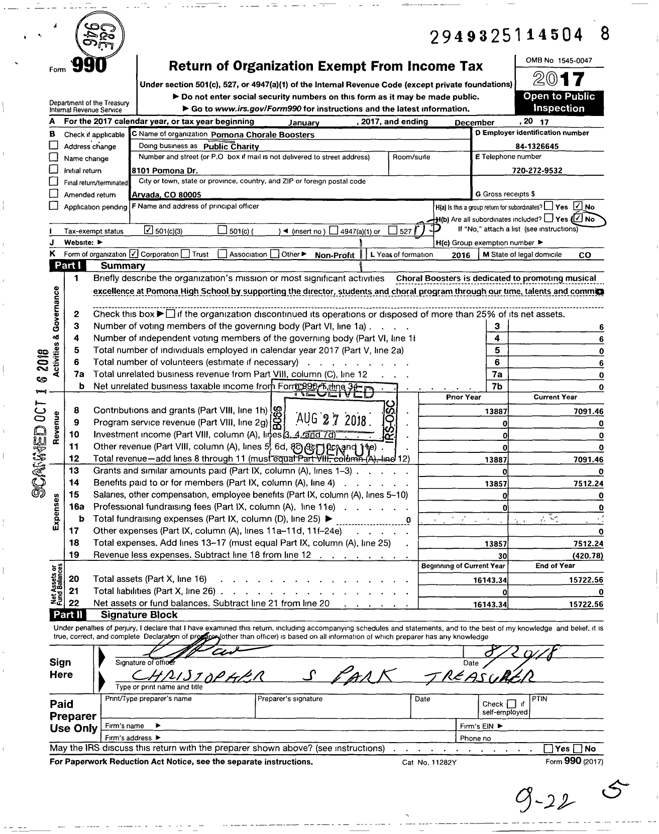 Image of first page of 2017 Form 990 for Pomona Choral Boosters