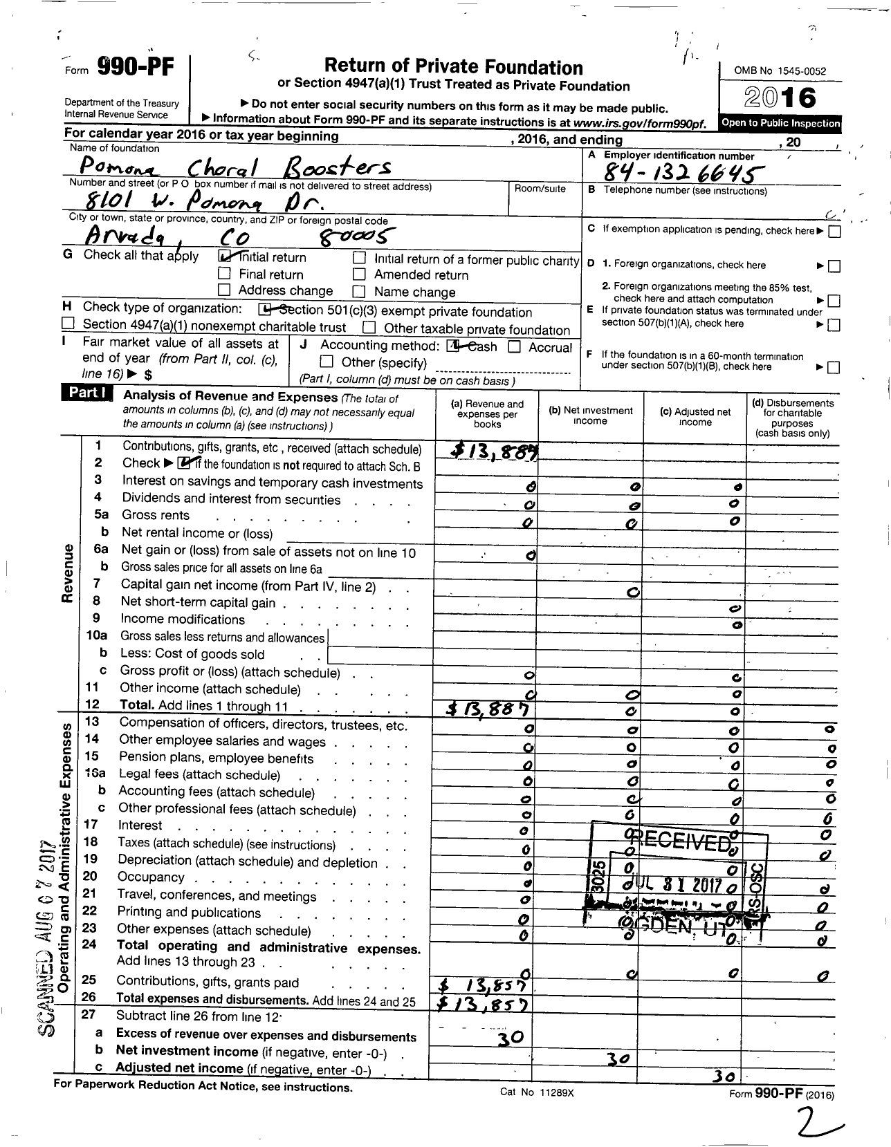 Image of first page of 2016 Form 990PF for Pomona Choral Boosters