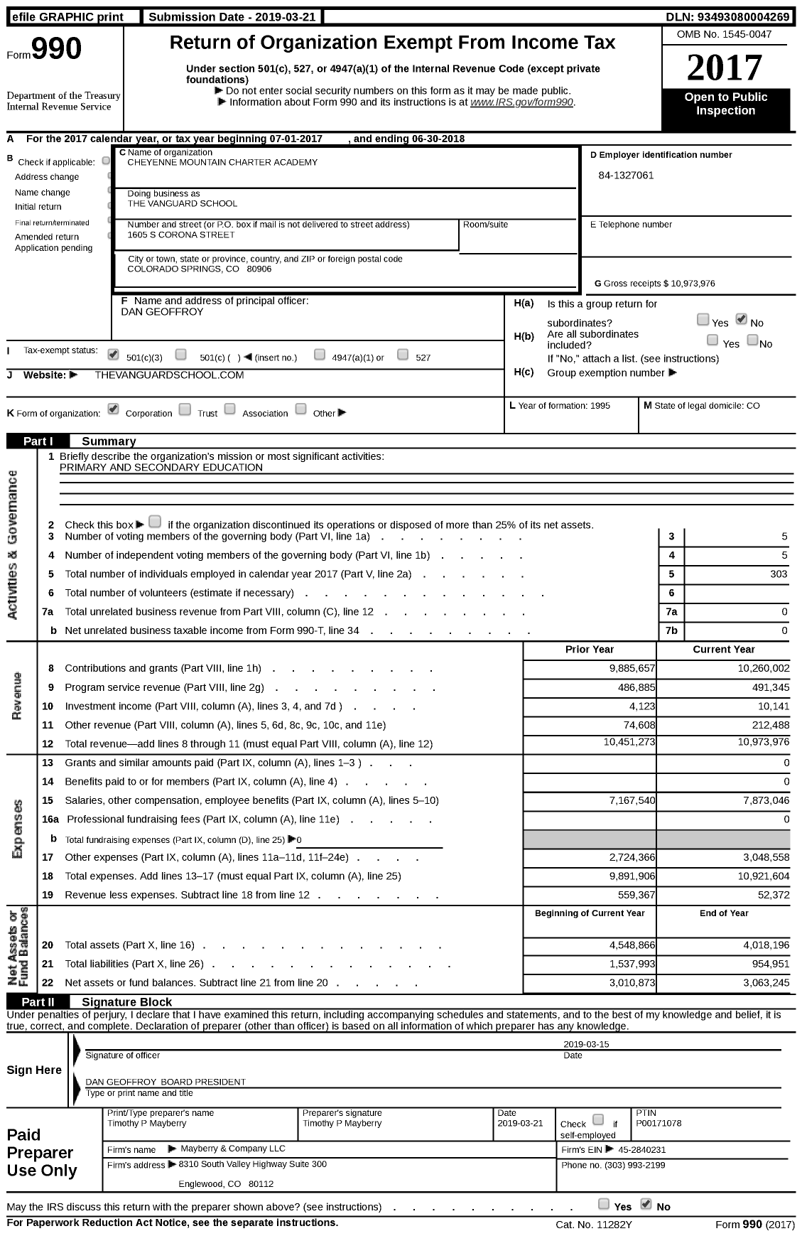 Image of first page of 2017 Form 990 for The Vanguard School