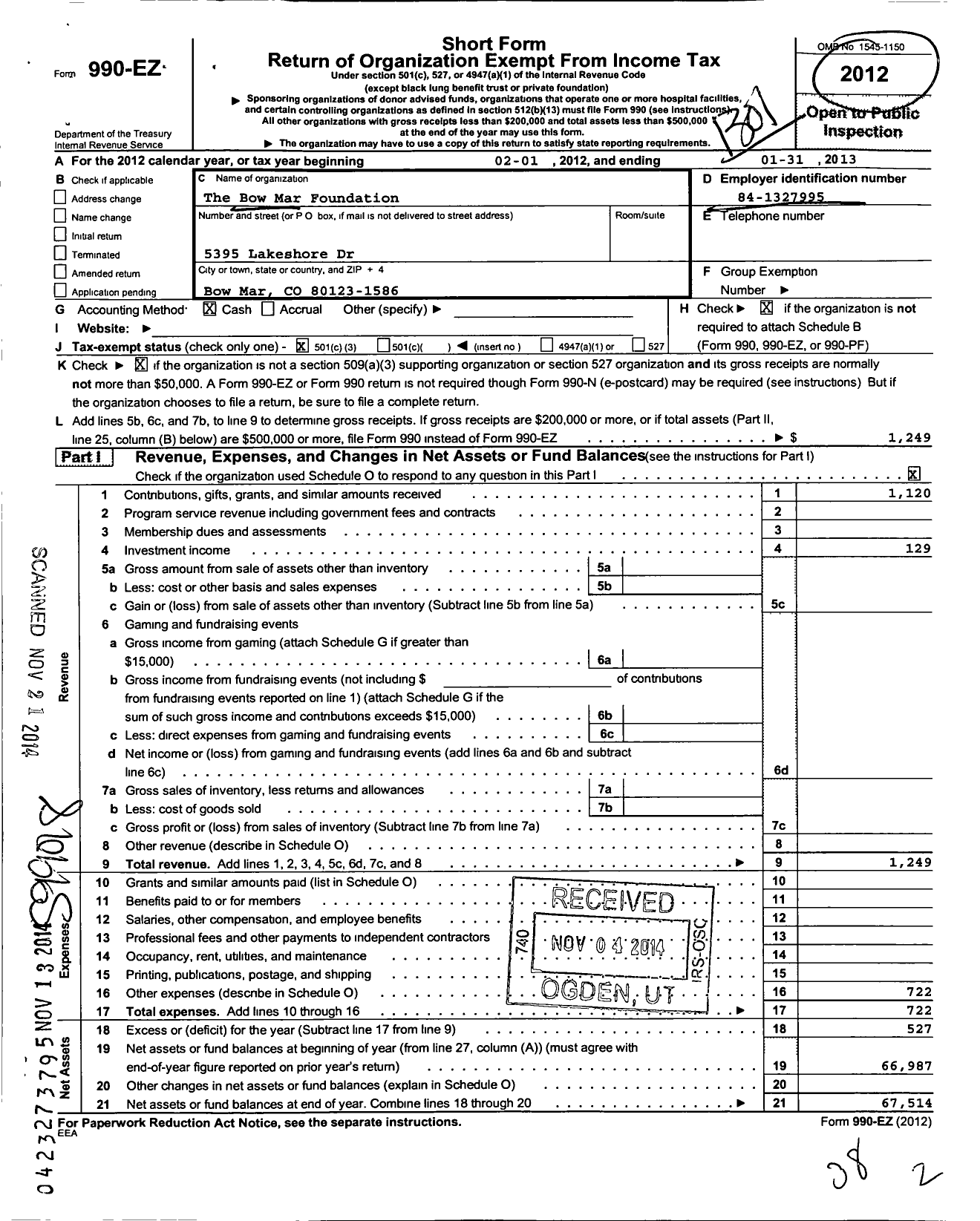 Image of first page of 2012 Form 990EZ for The Bow Mar Foundation