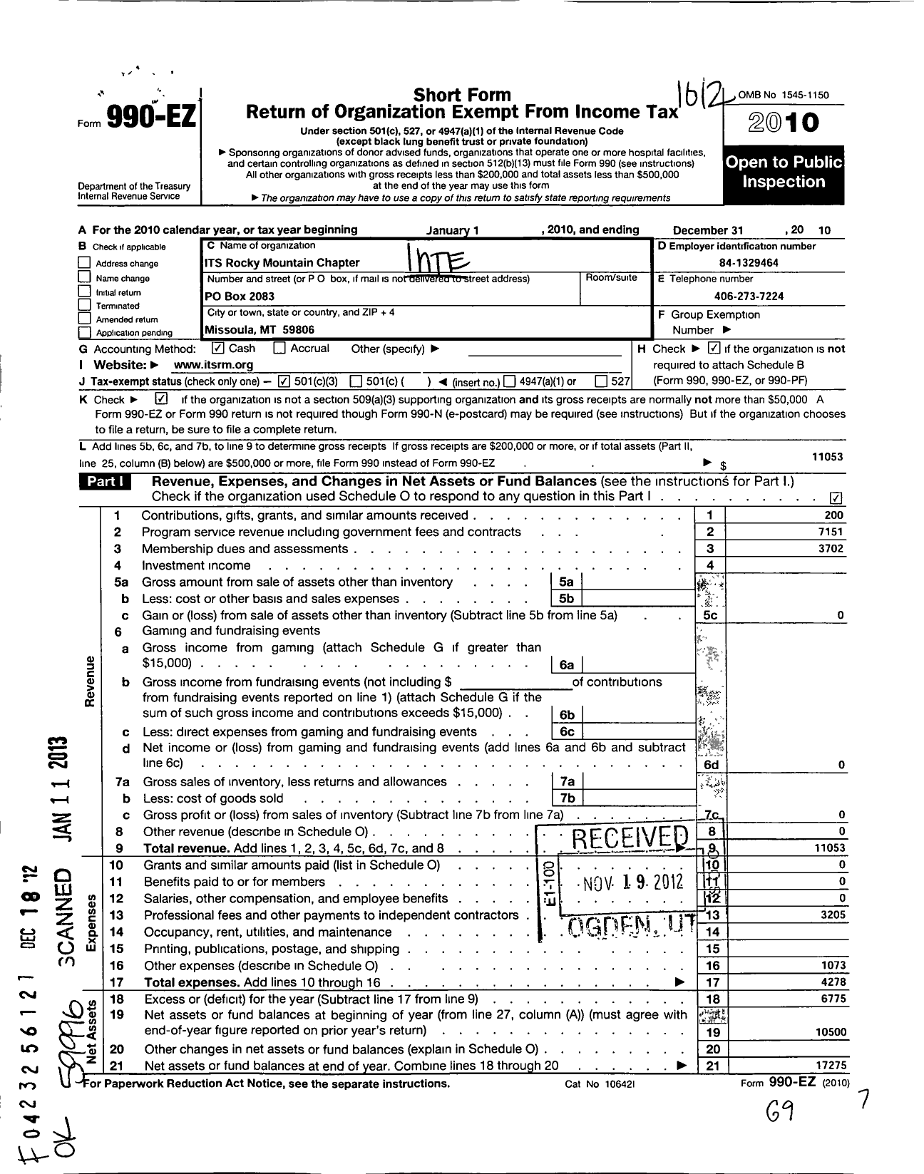 Image of first page of 2010 Form 990EZ for Its Rocky Mountain Chapter