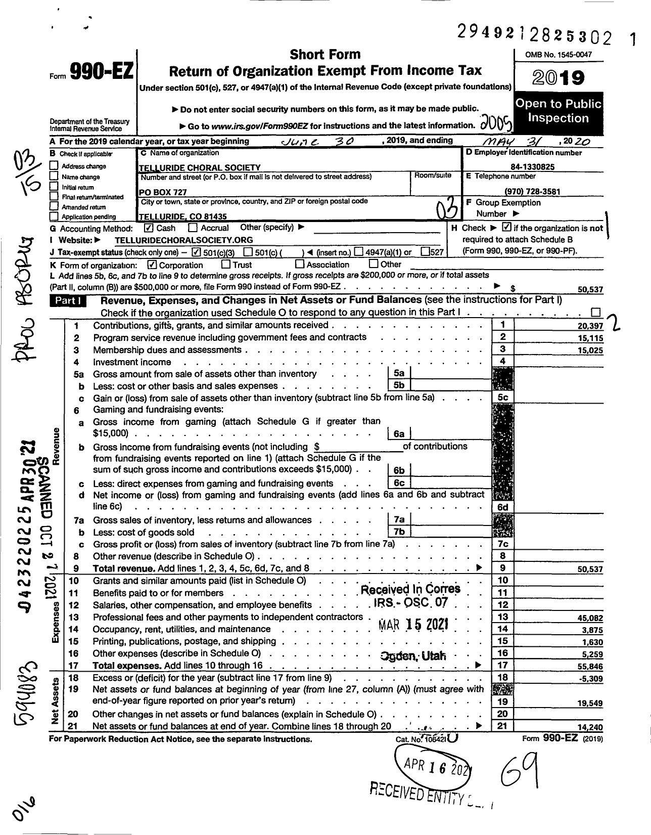 Image of first page of 2019 Form 990EZ for Telluride Choral Society