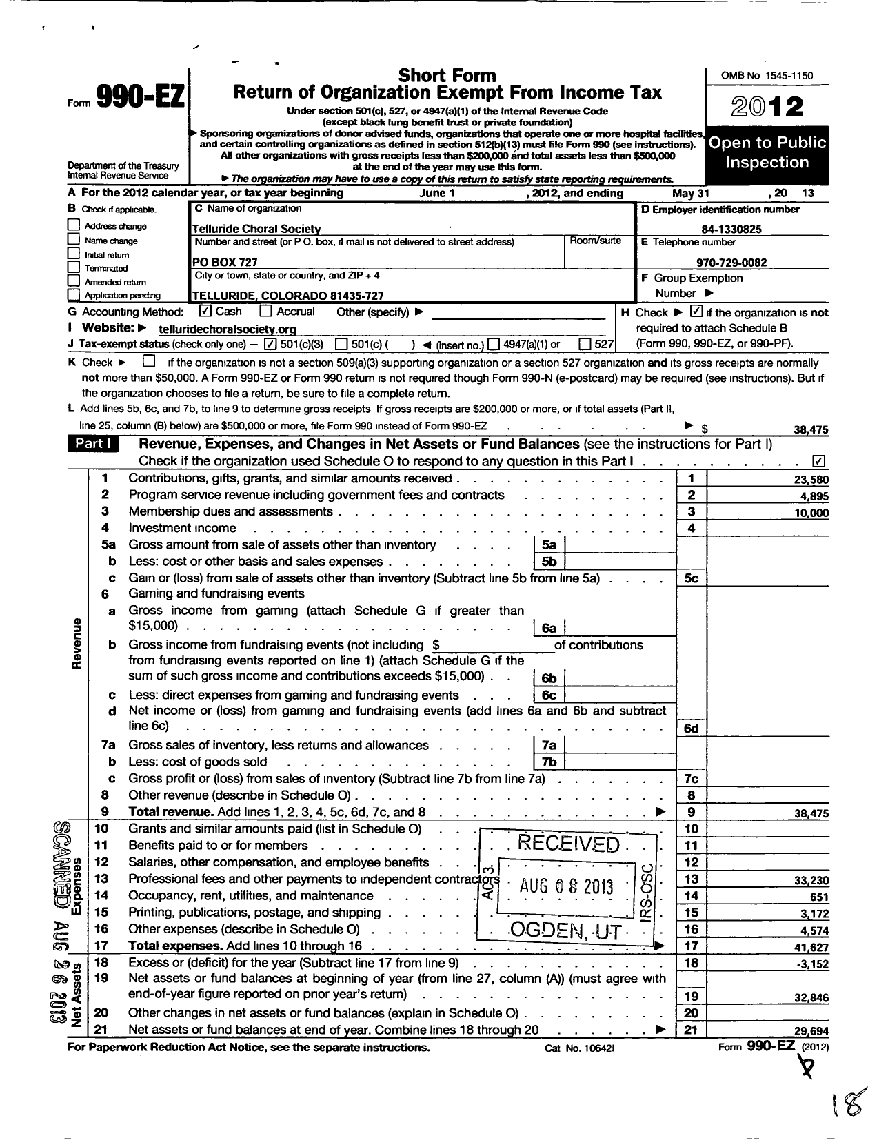 Image of first page of 2012 Form 990EZ for Telluride Choral Society