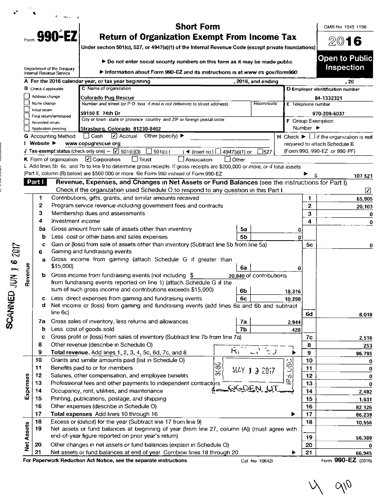 Image of first page of 2016 Form 990EZ for Colorado Pug Rescue