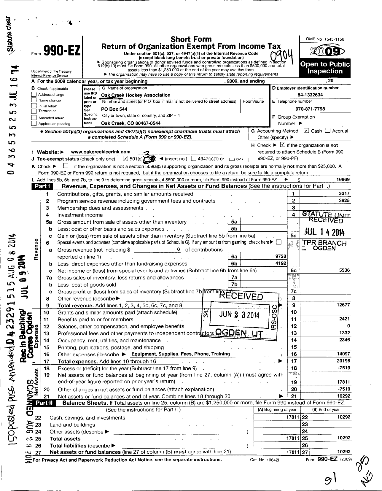 Image of first page of 2008 Form 990EZ for Oak Creek Hockey Association