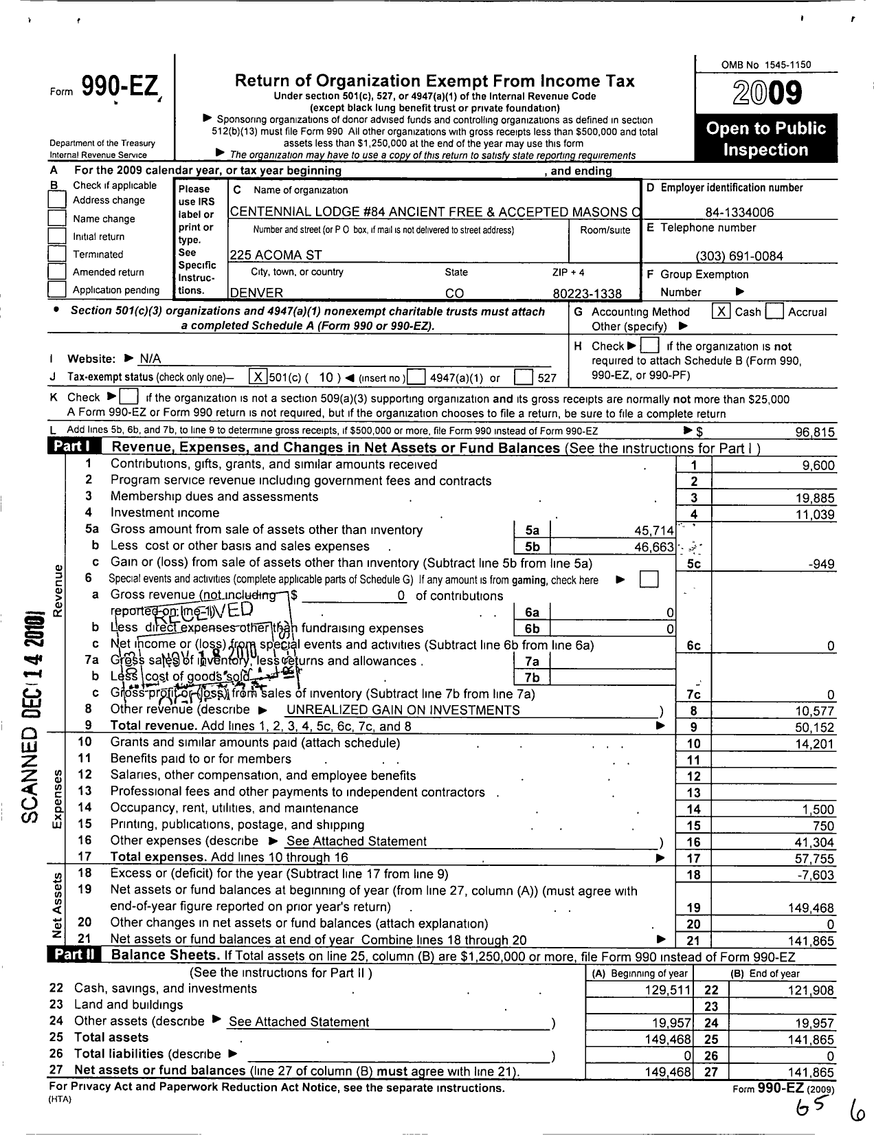 Image of first page of 2009 Form 990EO for Ancient Free and Accepted Masons of Colorado - 84 Centennial Lodge