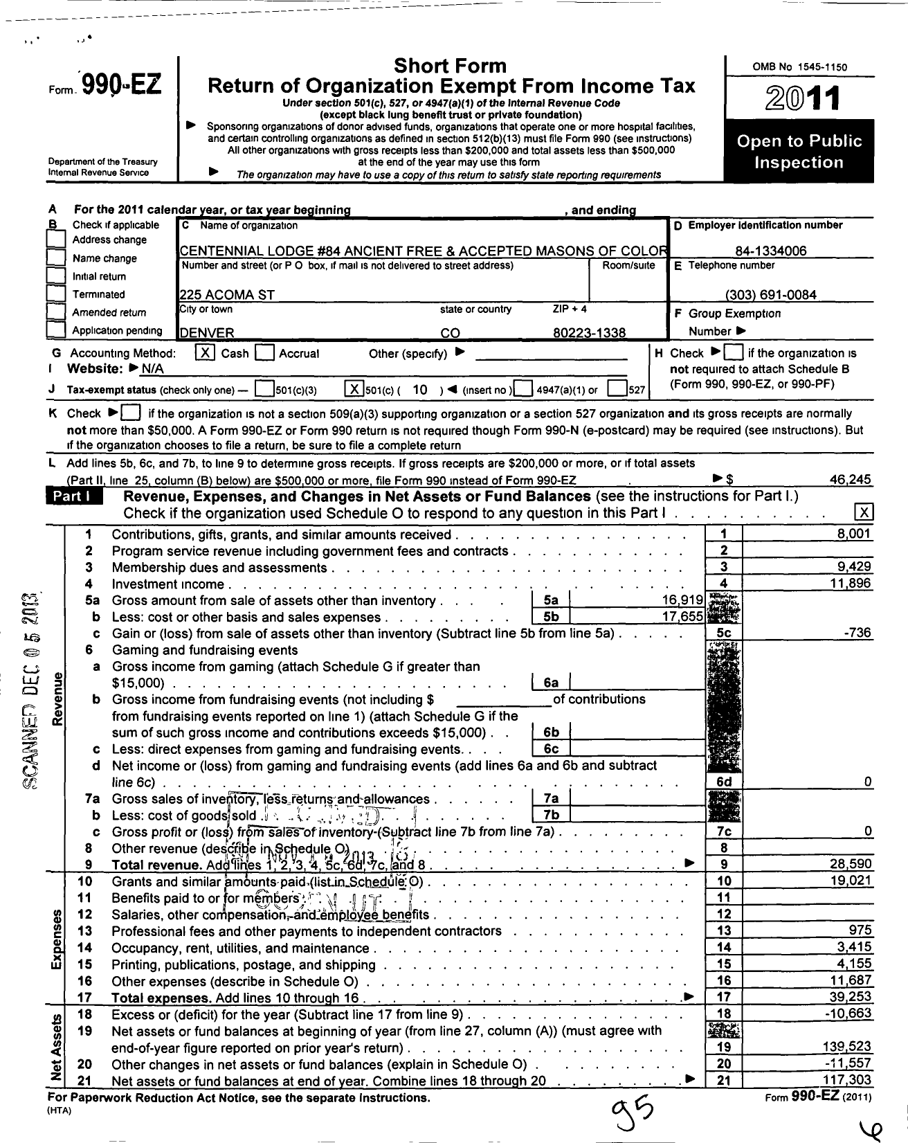 Image of first page of 2011 Form 990EO for Ancient Free and Accepted Masons of Colorado - 84 Centennial Lodge