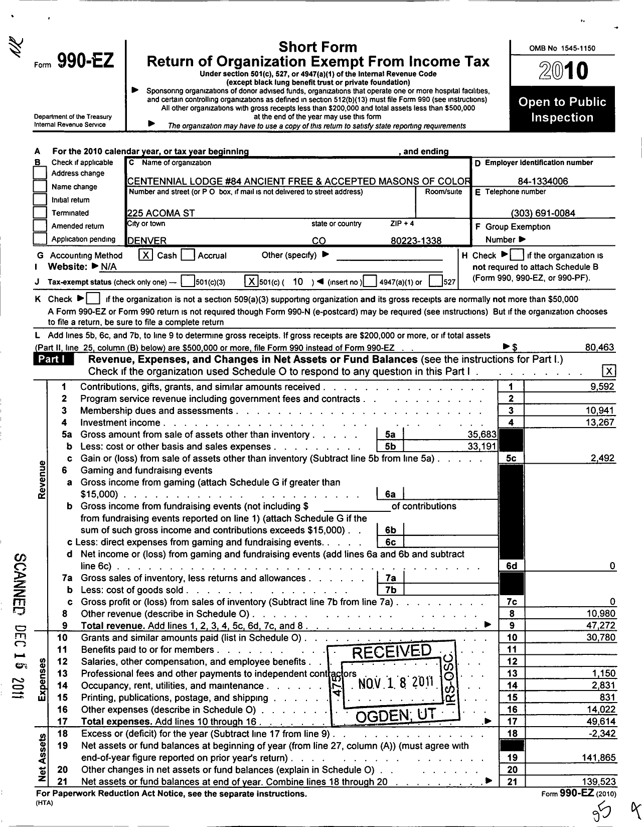 Image of first page of 2010 Form 990EO for Ancient Free and Accepted Masons of Colorado - 84 Centennial Lodge