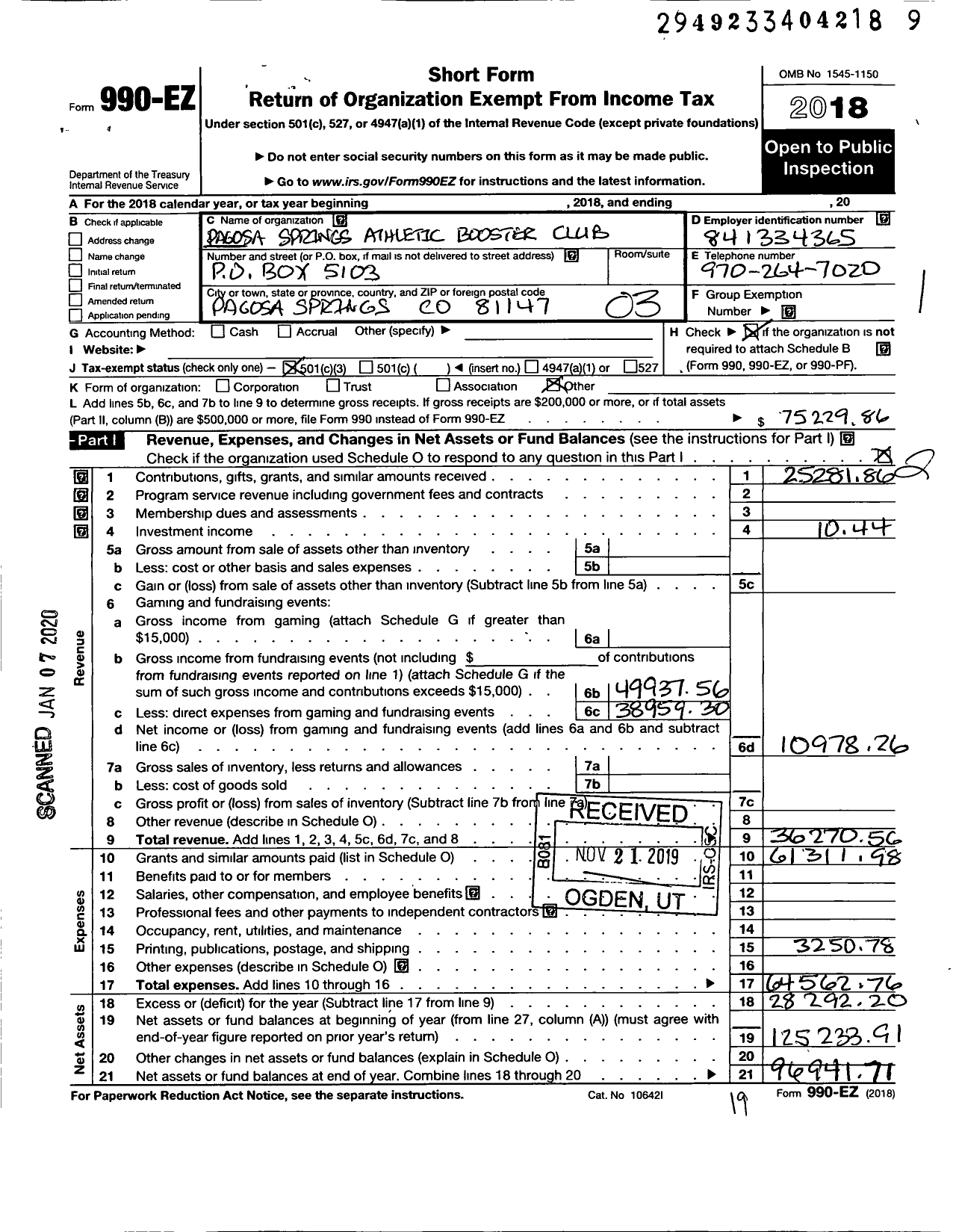 Image of first page of 2018 Form 990EZ for Pagosa Springs Athletic Booster Club