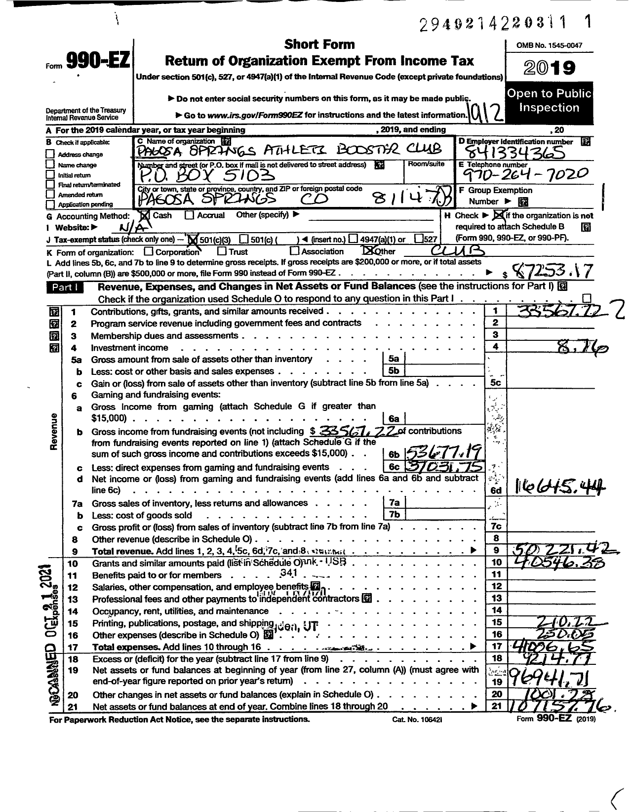 Image of first page of 2019 Form 990EZ for Pagosa Springs Athletic Booster Club