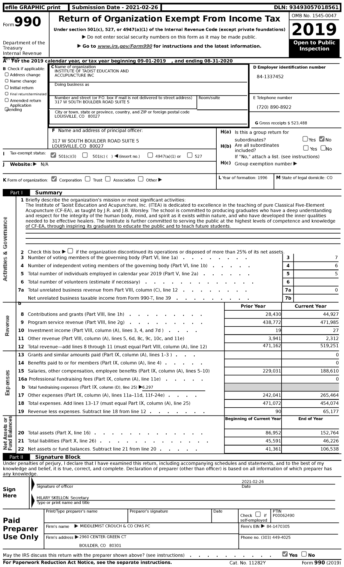 Image of first page of 2019 Form 990 for Institute of Taoist Education and Accupuncture