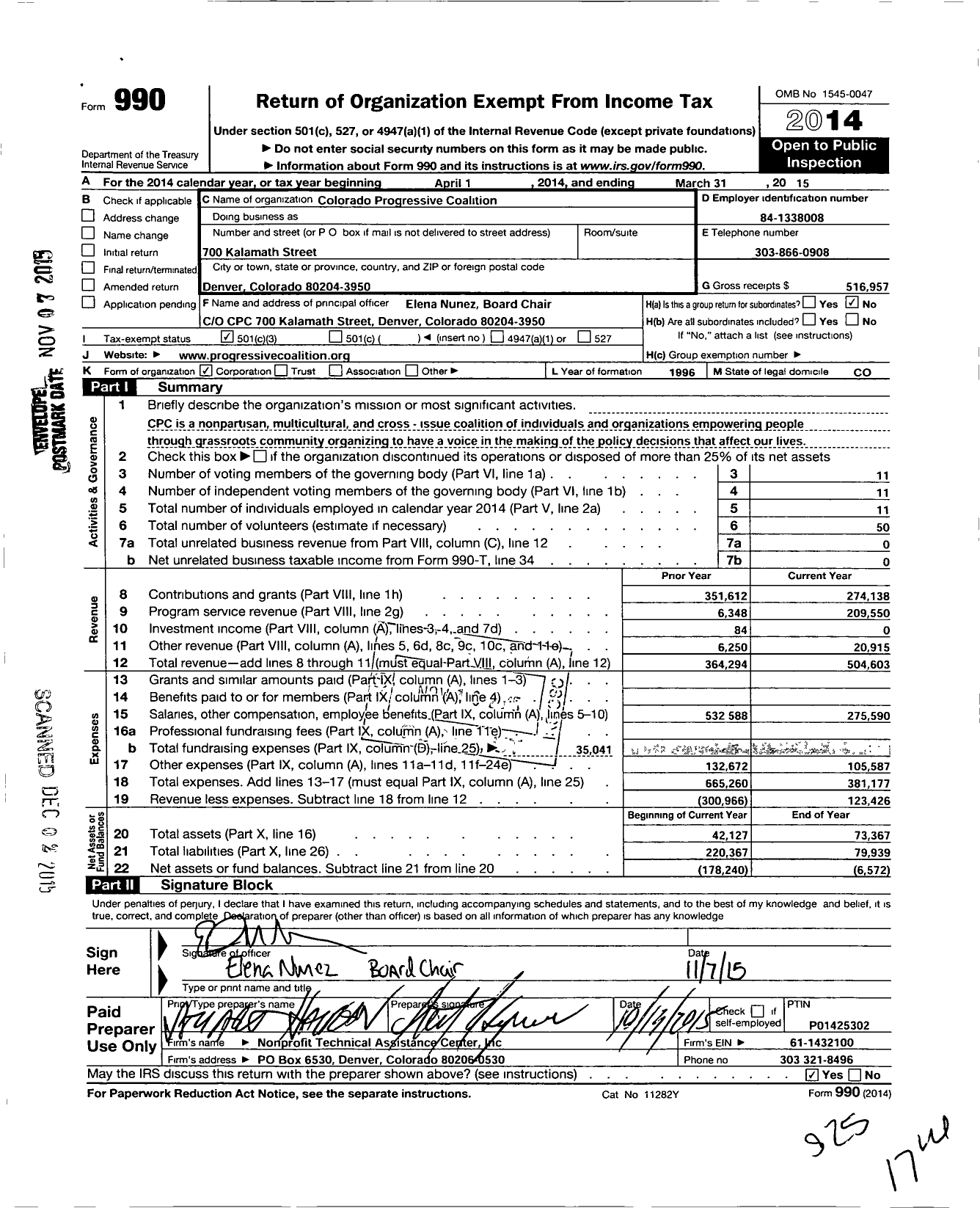 Image of first page of 2014 Form 990 for Colorado Progressive Coalition