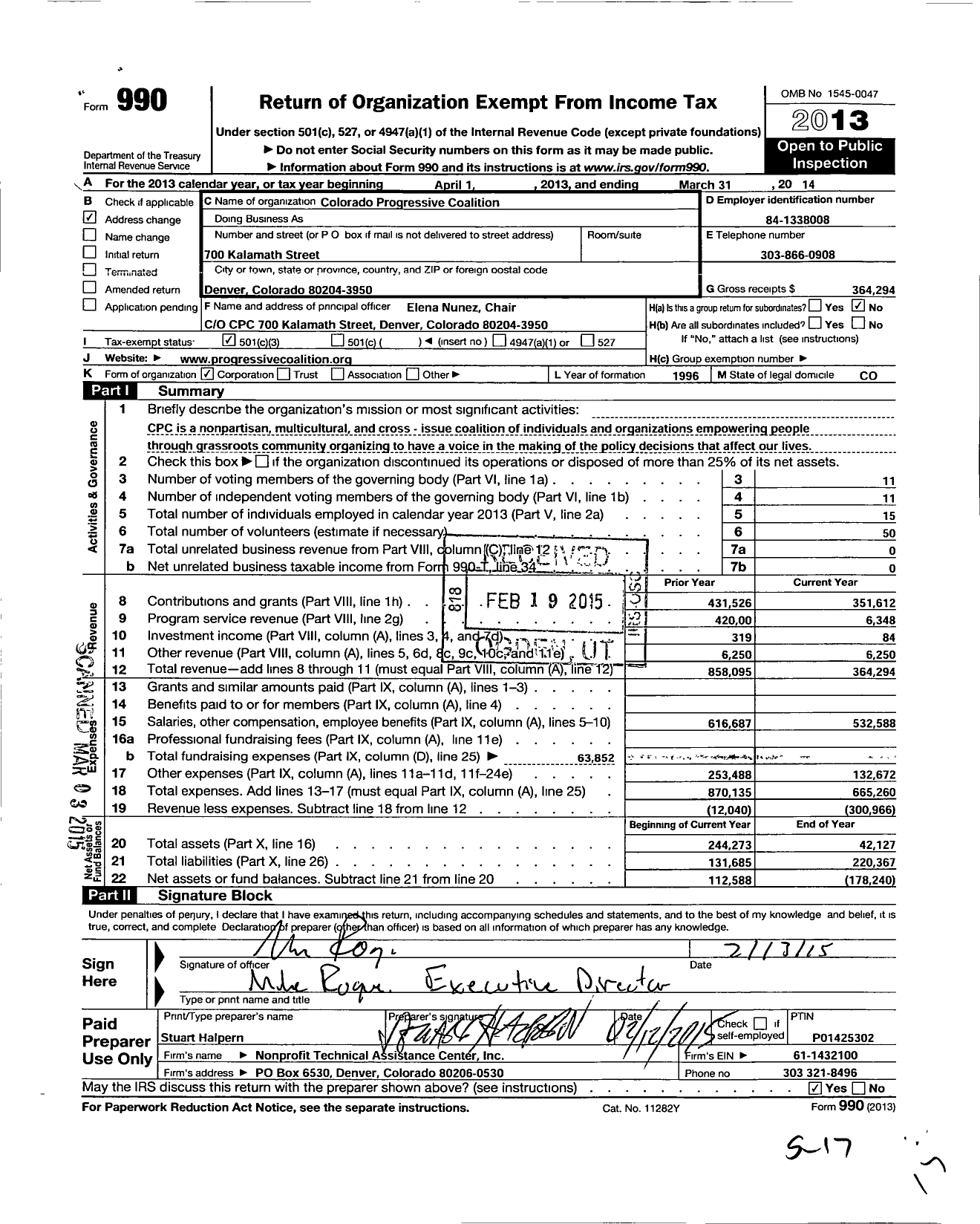 Image of first page of 2013 Form 990 for Colorado Progressive Coalition