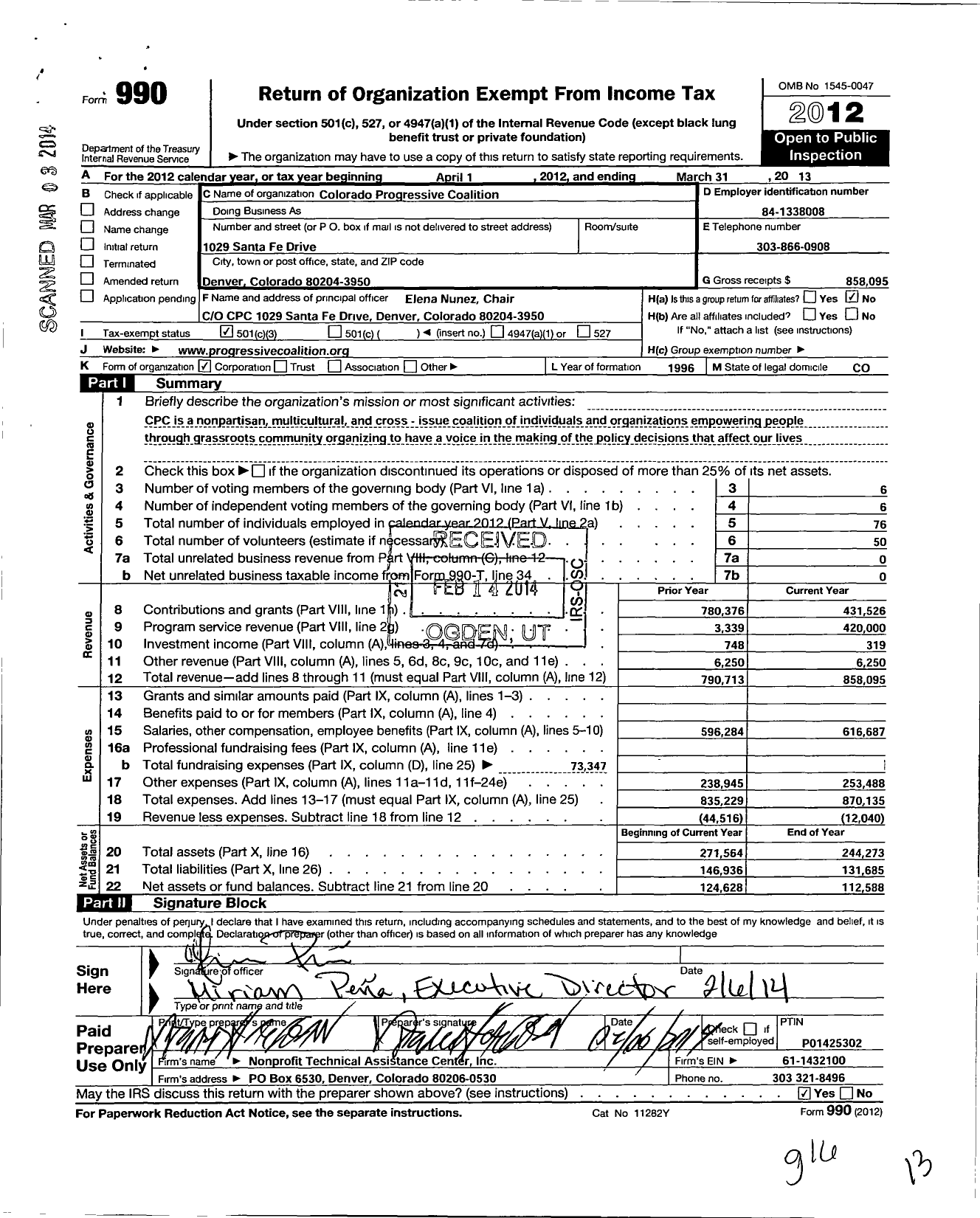 Image of first page of 2012 Form 990 for Colorado Progressive Coalition