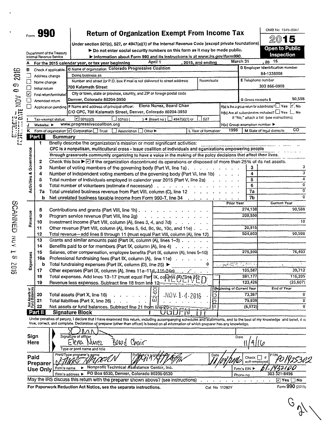 Image of first page of 2015 Form 990 for Colorado Progressive Coalition