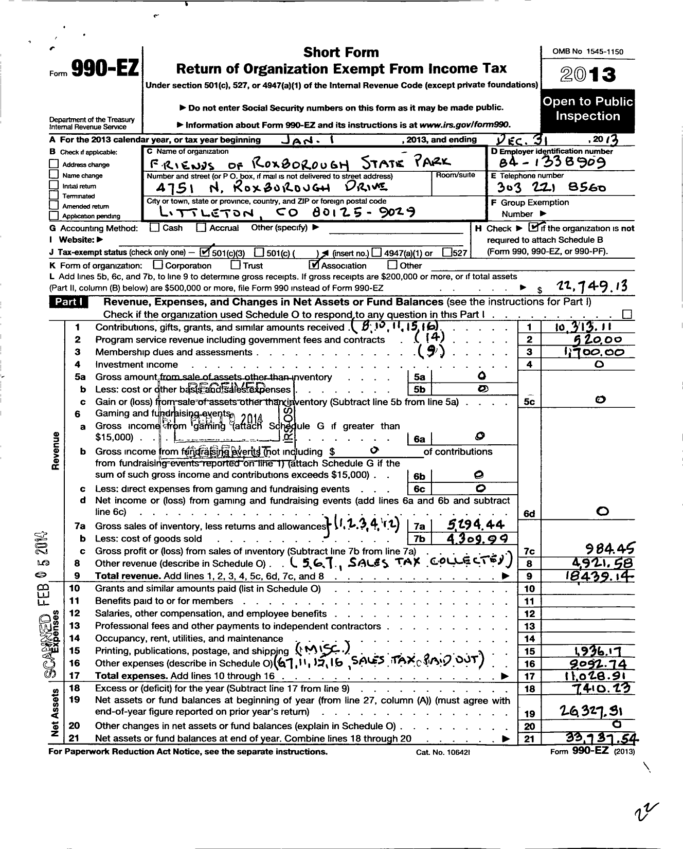 Image of first page of 2013 Form 990EZ for Friends of Roxborough State Park