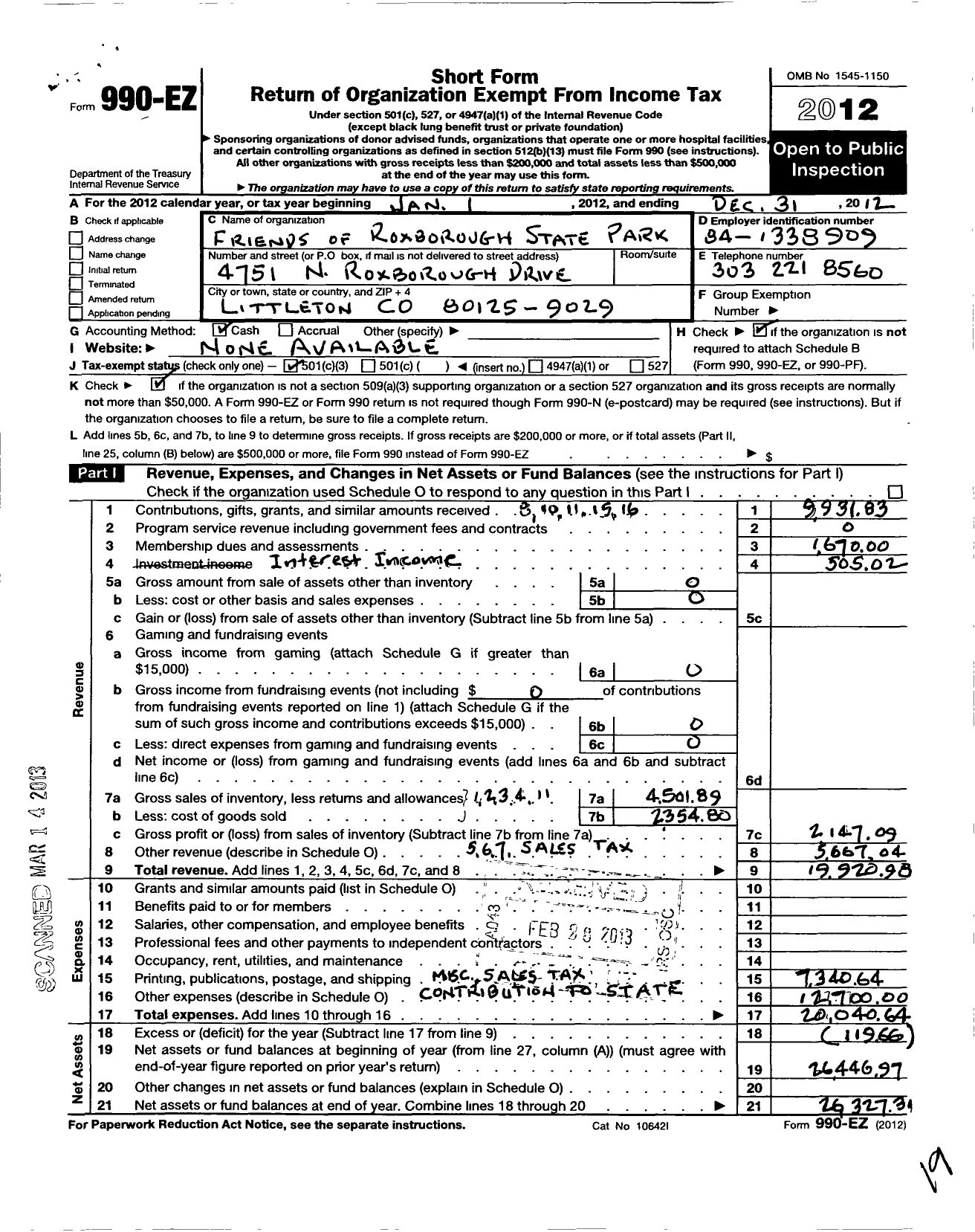 Image of first page of 2012 Form 990EZ for Friends of Roxborough State Park