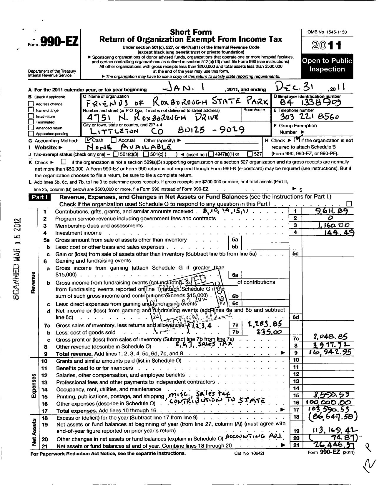 Image of first page of 2011 Form 990EO for Friends of Roxborough State Park