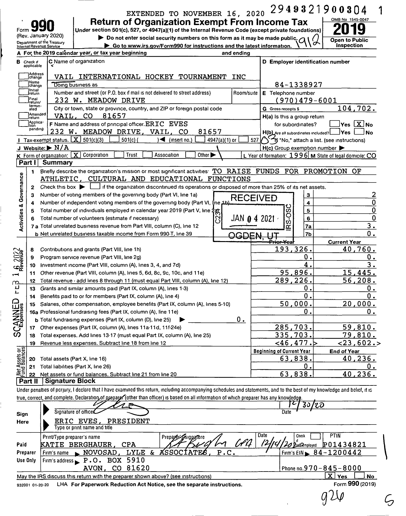 Image of first page of 2019 Form 990 for Vail International Hockey Tournament