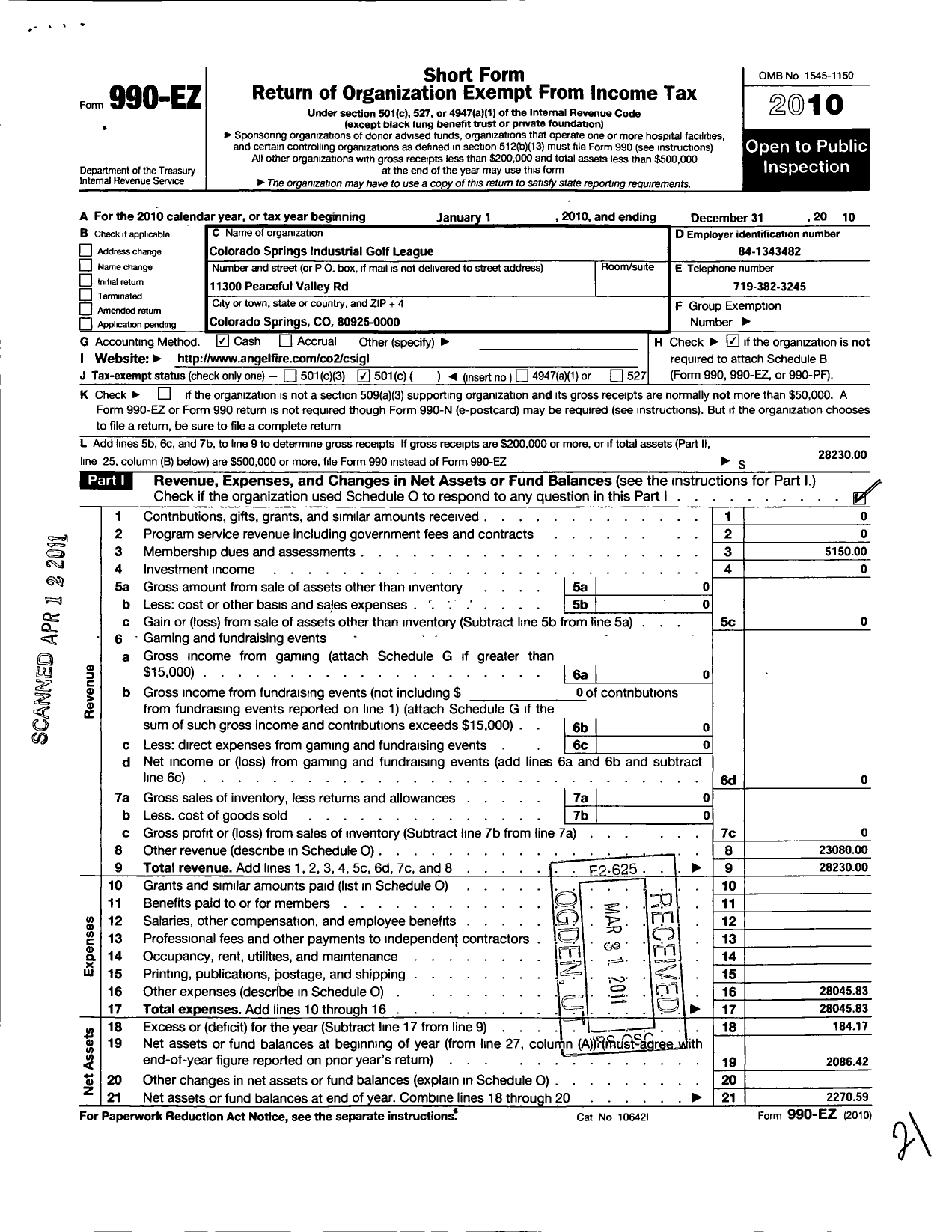 Image of first page of 2010 Form 990EO for Colorado Springs Industrial Golf League