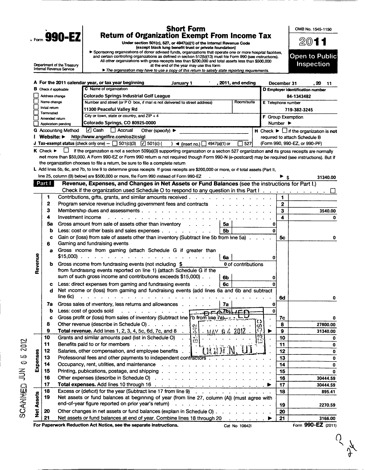 Image of first page of 2011 Form 990EO for Colorado Springs Industrial Golf League